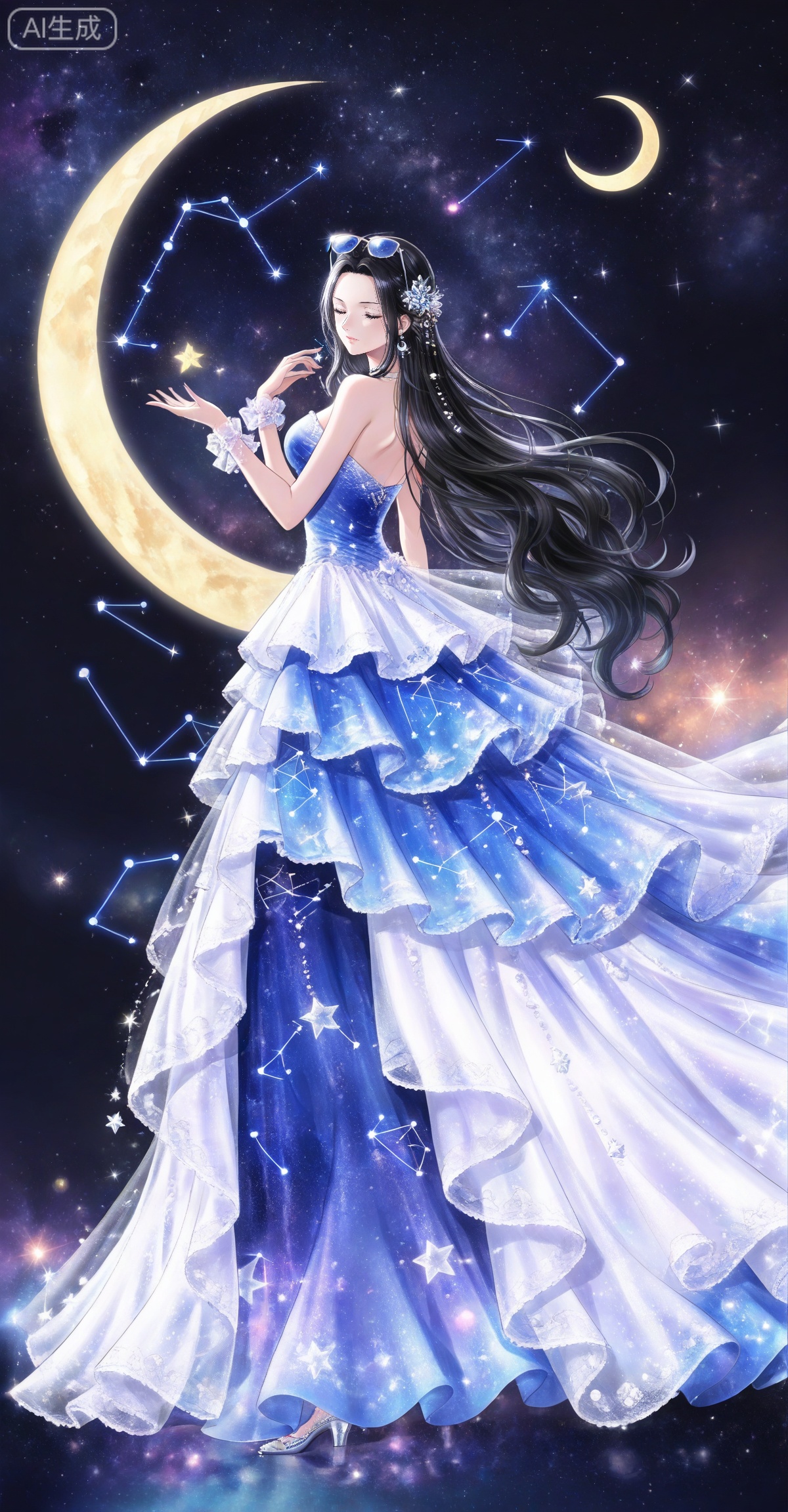 Nico Robin one piece,Nico Robin \(one piece\),nico robin,long hair,eyewear on head,black hair,blue eyes,
lvjing, 1girl, dress, long hair, solo, white hair, constellation, crescent, full body, very long hair, blue dress, closed eyes, star \(sky\), white dress, bare shoulders, jewelry, hair ornament, strapless dress, strapless, sky, 47
 depth of field,masterpiece,best quality,very aesthetic,alternate costume,alternate costume,2024,2023,perfect composition,ultra-detailed,extreme aesthetic,masterpiece,best quality,good quality,newest,year 2024,year 2023,very aesthetic,absurdres,looking_at_viewer,colorful,,lvjing,


