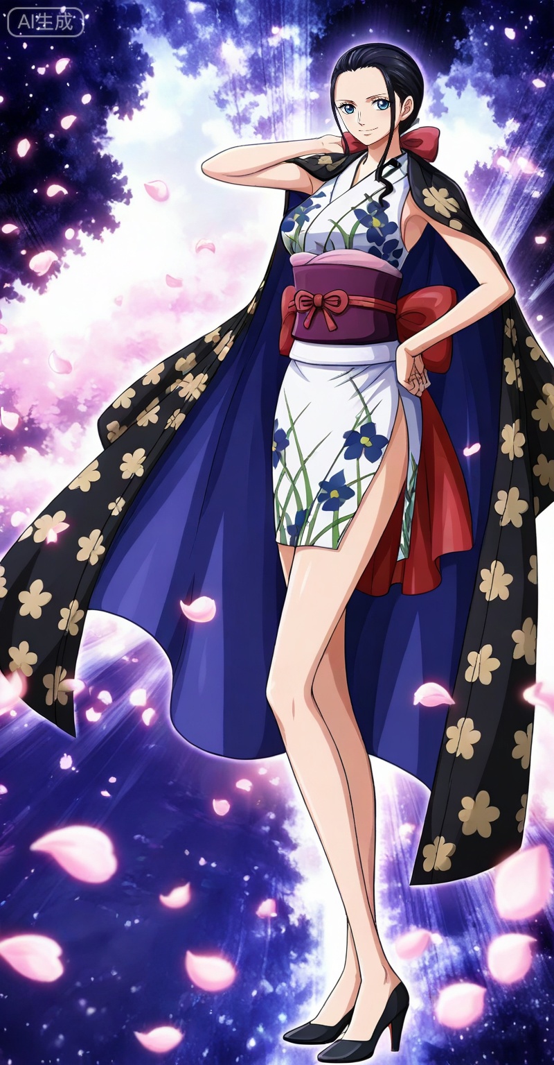 Nico Robin one piece, Nico Robin \(one piece\), nico robin, 1girl, solo, black hair, japanese clothes, kimono, full body, looking at viewer, hand on own hip, floral print, sleeveless kimono, sash, long hair, sleeveless, bow, standing, blue eyes, hair bow, smile, breasts, petals, red bow, black footwear, high heels, ribbon,
depth of field,masterpiece,best quality,very aesthetic,alternate costume,alternate costume,2024,2023,perfect composition,ultra-detailed,extreme aesthetic,masterpiece,best quality,good quality,newest,year 2024,year 2023,very aesthetic,absurdres,looking_at_viewer,colorful,