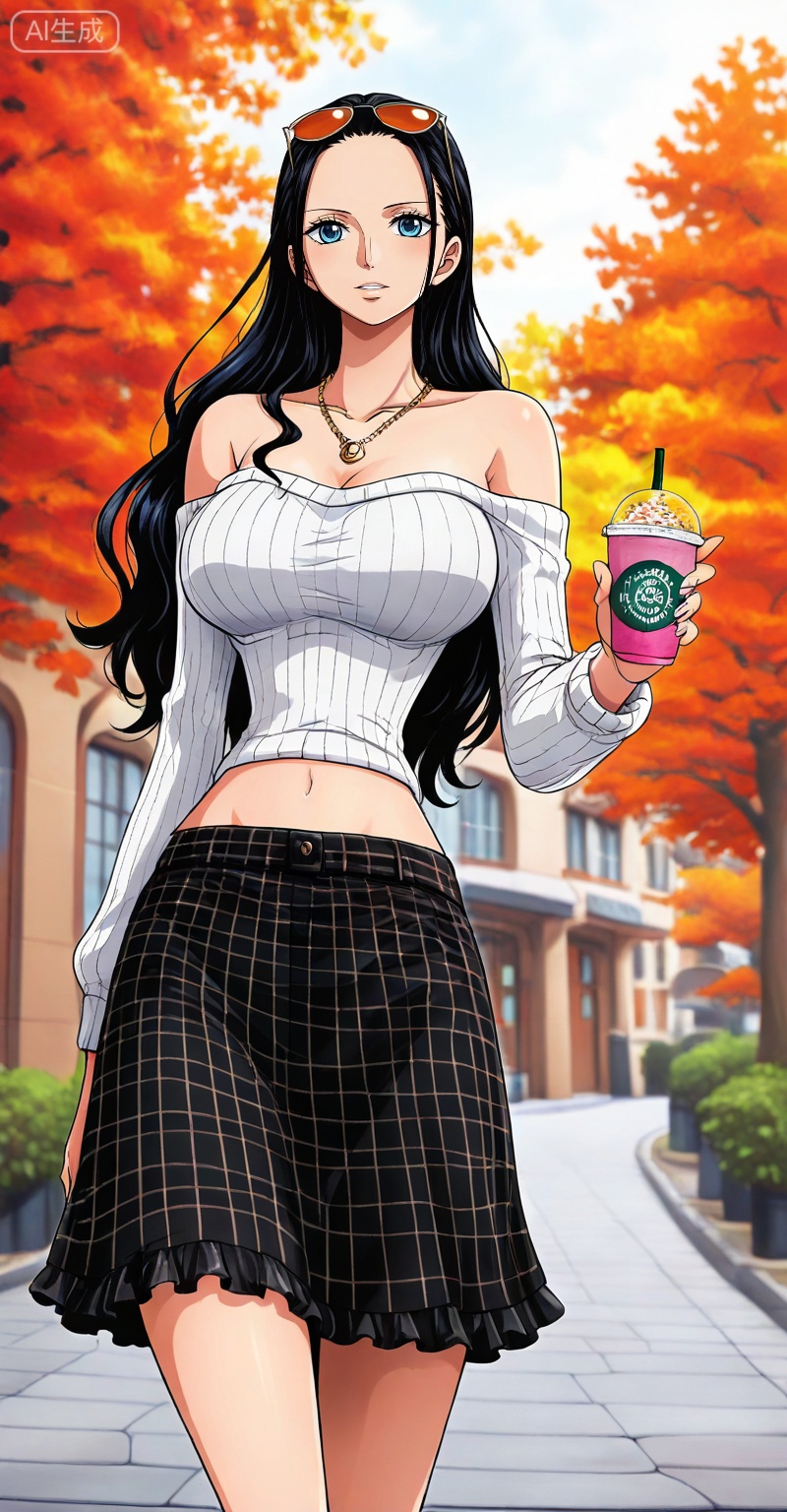 Nico Robin one piece,Nico Robin \(one piece\),nico robin,1girl,eyewear on head,solo,sunglasses,blue eyes,black hair,long hair,
1girl,solo,skirt,off shoulder,off-shoulder sweater,jewelry,white sweater,necklace,cup,bare shoulders,holding,sweater,disposable cup,breasts,black skirt,plaid skirt,collarbone,plaid,blurry background,crop top,holding cup,blurry,midriff,long sleeves,large breasts,
depth of field,masterpiece,best quality,very aesthetic,alternate costume,alternate costume,2024,2023,perfect composition,ultra-detailed,extreme aesthetic,masterpiece,best quality,good quality,newest,year 2024,year 2023,very aesthetic,absurdres,looking_at_viewer,colorful,