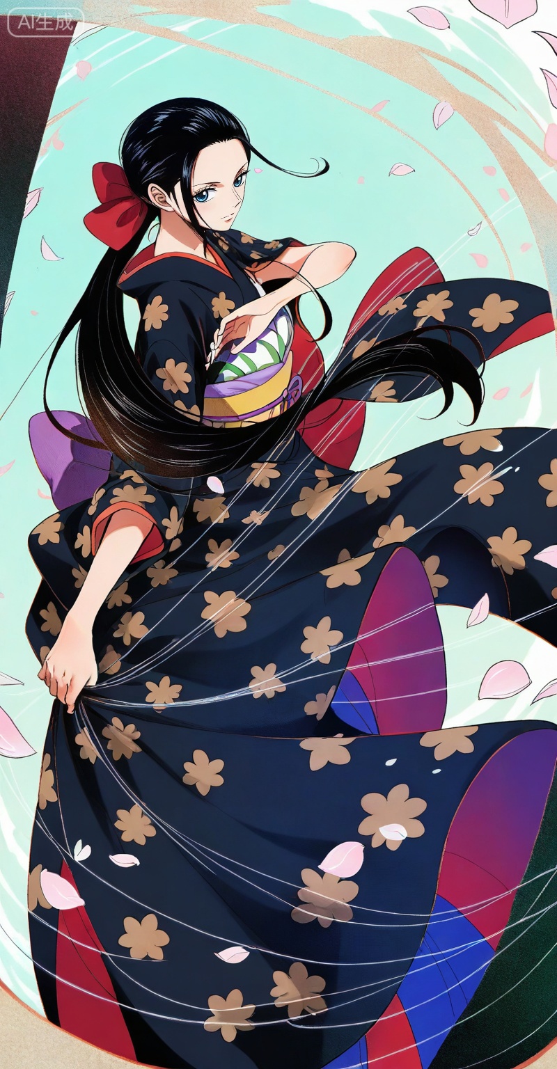 Nico Robin one piece, Nico Robin \(one piece\), nico robin, black hair, solo, long hair, japanese clothes, kimono, 1girl, looking at viewer, blue eyes, petals, ponytail, floral print,
depth of field,masterpiece,best quality,very aesthetic,alternate costume,alternate costume,2024,2023,perfect composition,ultra-detailed,extreme aesthetic,masterpiece,best quality,good quality,newest,year 2024,year 2023,very aesthetic,absurdres,looking_at_viewer,colorful,