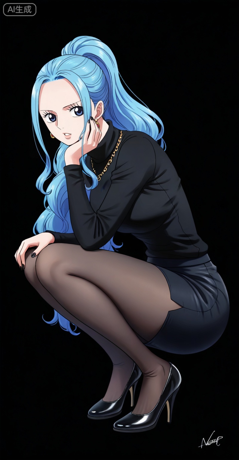 Nefertari D. Vivi one piece,Nefertari D. Vivi\(one piece\),ponytail,blue hair,blue eyes,long hair,high ponytail,very long hair,
1girl,solo,pantyhose,high heels,looking at viewer,black footwear,squatting,sweater,full body,parted lips,black sweater,earrings,signature,black nails,long sleeves,parted bangs,jewelry,pencil skirt,skirt,bangs,turtleneck,nail polish,black pantyhose,dress,(Black background:1.2),simple background,

,
depth of field,masterpiece,best quality,very aesthetic,alternate costume,alternate costume,2024,2023,perfect composition,ultra-detailed,extreme aesthetic,masterpiece,best quality,good quality,newest,year 2024,year 2023,very aesthetic,absurdres,looking_at_viewer,colorful,