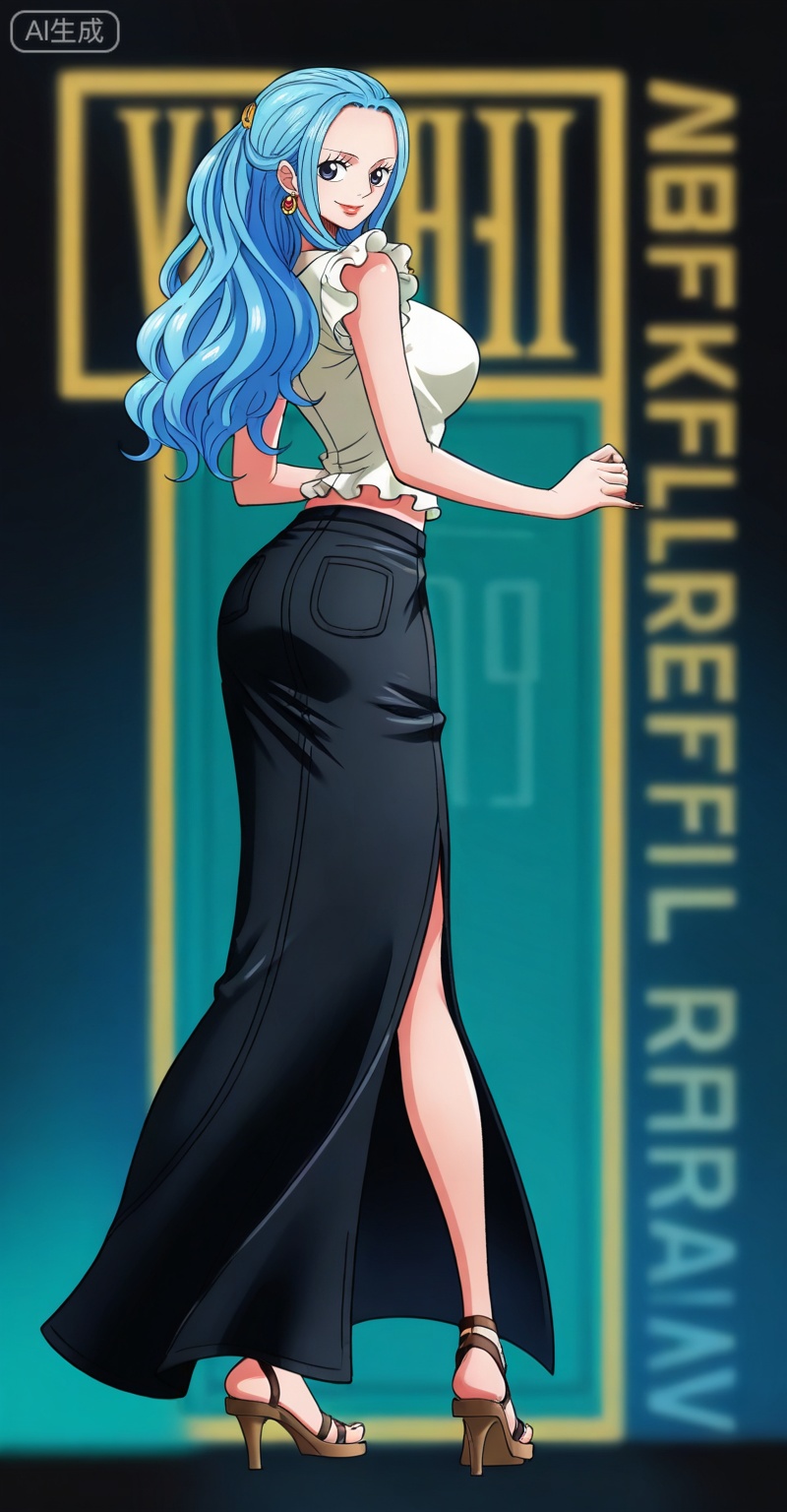 Nefertari D. Vivi one piece, Nefertari D. Vivi\(one piece\), 1girl, solo, long hair, blue hair, high heels, skirt, long skirt, character name, looking back, makeup, full body, blue eyes, sandals, smile, shirt, lipstick, earrings, legs, breasts,30
,
depth of field,masterpiece,best quality,very aesthetic,alternate costume,alternate costume,2024,2023,perfect composition,ultra-detailed,extreme aesthetic,masterpiece,best quality,good quality,newest,year 2024,year 2023,very aesthetic,absurdres,looking_at_viewer,colorful,