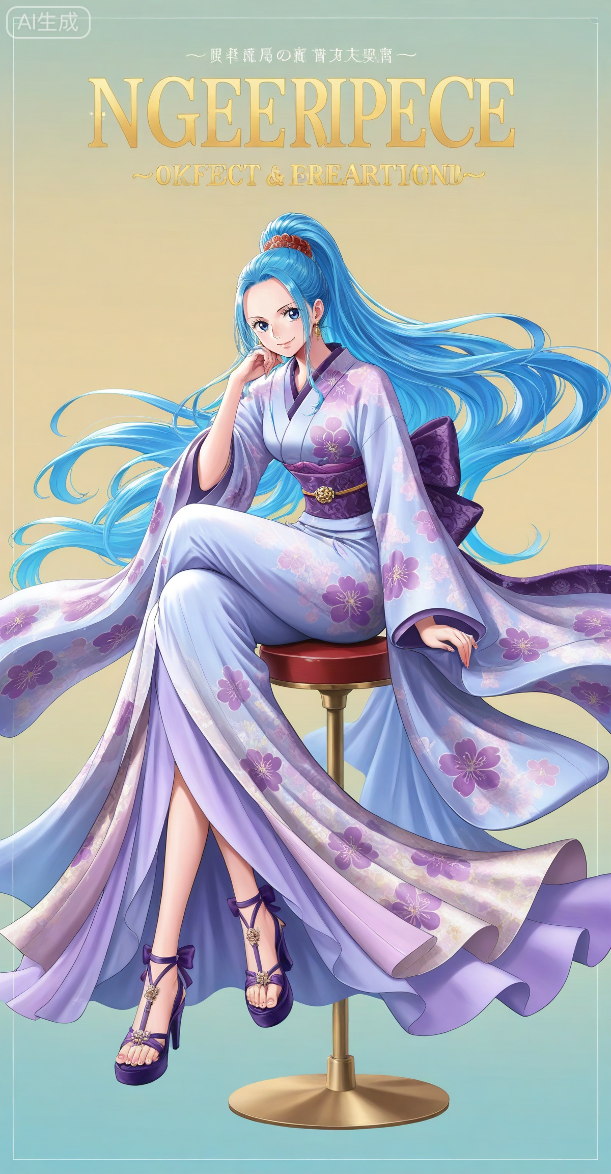 Nefertari D. Vivi one piece,Nefertari D. Vivi\(one piece\),ponytail,blue hair,blue eyes,long hair,high ponytail,very long hair,
1girl,solo,high heels,sitting,kimono,japanese clothes,crossed legs,sash,purple sash,full body,smile,looking at viewer,hand on own face,floral print,obi,stool,head rest,copyright name,simple background,character name,legs,purple footwear,cover,jewelry,floating hair,

 depth of field,masterpiece,best quality,very aesthetic,alternate costume,alternate costume,2024,2023,perfect composition,ultra-detailed,extreme aesthetic,masterpiece,best quality,good quality,newest,year 2024,year 2023,very aesthetic,absurdres,looking_at_viewer,colorful,,lvjing,


