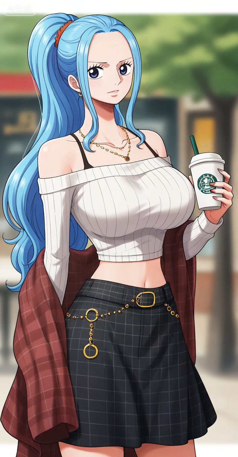 Nefertari D. Vivi one piece,Nefertari D. Vivi\(one piece\),ponytail,blue hair,blue eyes,long hair,high ponytail,very long hair,
1girl,solo,skirt,off shoulder,off-shoulder sweater,jewelry,white sweater,necklace,cup,bare shoulders,holding,sweater,disposable cup,breasts,black skirt,plaid skirt,collarbone,plaid,blurry background,crop top,holding cup,blurry,midriff,long sleeves,large breasts,

,
depth of field,masterpiece,best quality,very aesthetic,alternate costume,alternate costume,2024,2023,perfect composition,ultra-detailed,extreme aesthetic,masterpiece,best quality,good quality,newest,year 2024,year 2023,very aesthetic,absurdres,looking_at_viewer,colorful,