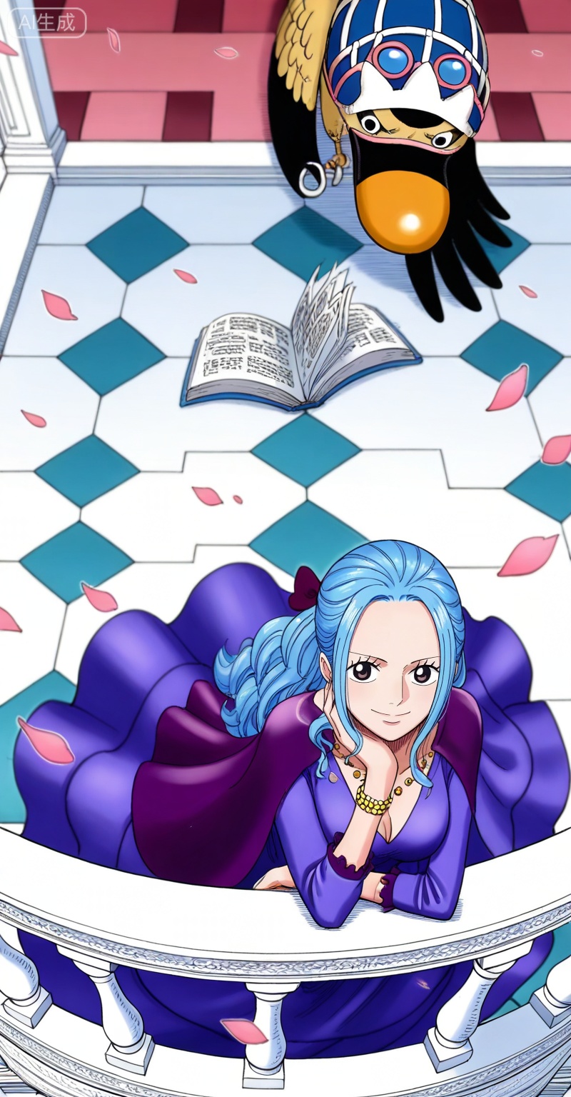 Nefertari D. Vivi one piece, Nefertari D. Vivi\(one piece\), 1girl, blue hair, long hair, dress, jewelry, book, petals, smile, purple dress, necklace, head rest, breasts, cape, stairs, looking at viewer, cleavage, bird, from above, bracelet, bow,28
,
depth of field,masterpiece,best quality,very aesthetic,alternate costume,alternate costume,2024,2023,perfect composition,ultra-detailed,extreme aesthetic,masterpiece,best quality,good quality,newest,year 2024,year 2023,very aesthetic,absurdres,looking_at_viewer,colorful,