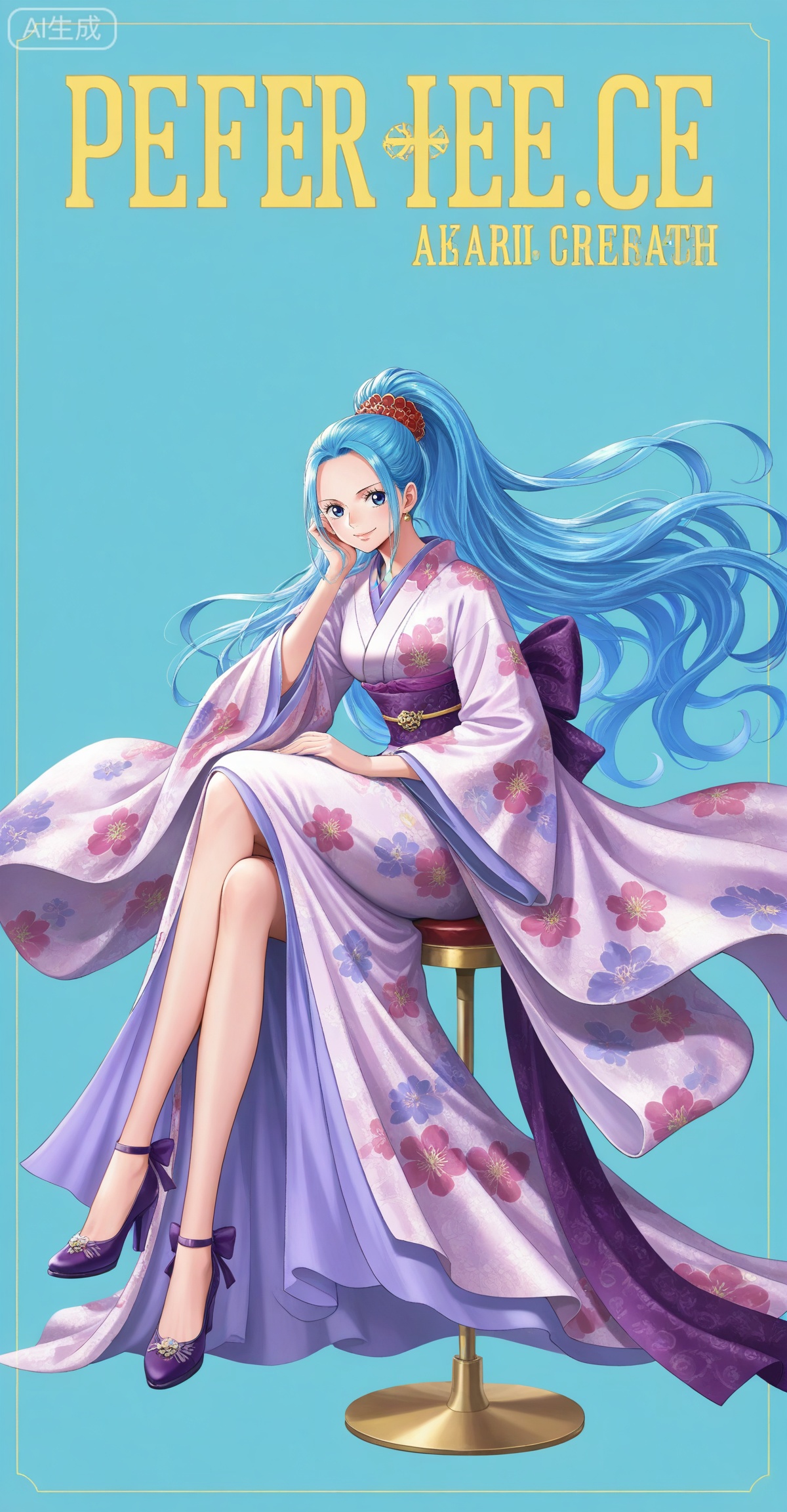 Nefertari D. Vivi one piece,Nefertari D. Vivi\(one piece\),ponytail,blue hair,blue eyes,long hair,high ponytail,very long hair,
1girl,solo,high heels,sitting,kimono,japanese clothes,crossed legs,sash,purple sash,full body,smile,looking at viewer,hand on own face,floral print,obi,stool,head rest,copyright name,simple background,character name,legs,purple footwear,cover,jewelry,floating hair,

 depth of field,masterpiece,best quality,very aesthetic,alternate costume,alternate costume,2024,2023,perfect composition,ultra-detailed,extreme aesthetic,masterpiece,best quality,good quality,newest,year 2024,year 2023,very aesthetic,absurdres,looking_at_viewer,colorful,,lvjing,


