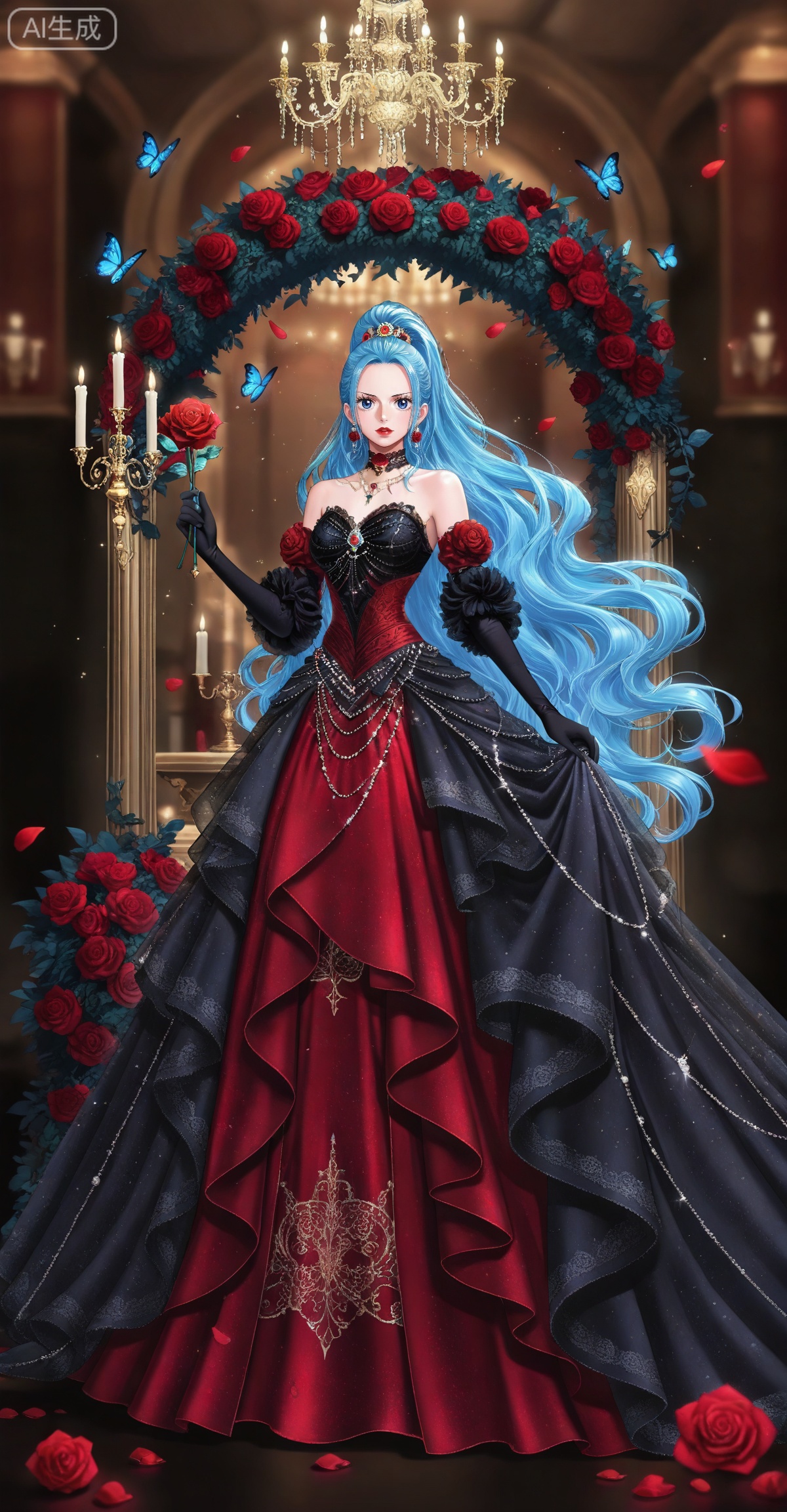 Nefertari D. Vivi one piece,Nefertari D. Vivi\(one piece\),ponytail,blue hair,blue eyes,long hair,high ponytail,very long hair,
lvjing, 1girl, dress, solo, red hair, flower, gloves, candle, butterfly, bug, rose, red flower, jewelry, long dress, elbow gloves, red rose, blue eyes, full body, looking at viewer, holding, red dress, black gloves, gem, earrings, gown, bare shoulders, red lips, chandelier, standing, candlestand, black dress, choker, updo, petals, 59
 depth of field,masterpiece,best quality,very aesthetic,alternate costume,alternate costume,2024,2023,perfect composition,ultra-detailed,extreme aesthetic,masterpiece,best quality,good quality,newest,year 2024,year 2023,very aesthetic,absurdres,looking_at_viewer,colorful,,lvjing,


