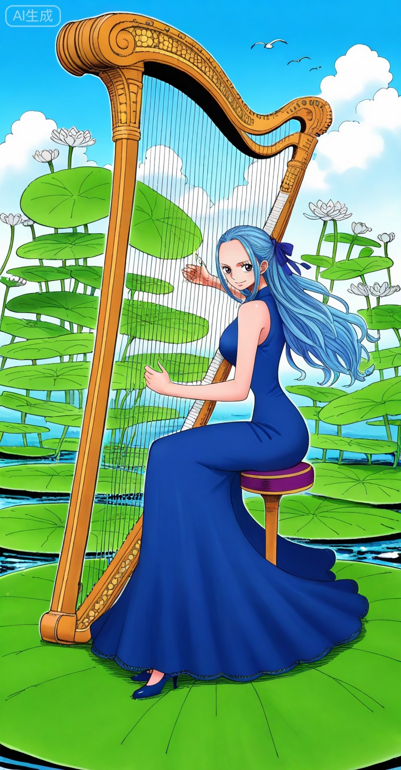 Nefertari D. Vivi one piece, Nefertari D. Vivi\(one piece\), 1girl, dress, blue hair, instrument, long hair, blue dress, sitting, harp, high heels, flower, bird, lily pad, sky, music, bow, sleeveless, blue bow, outdoors, water, ribbon, playing instrument, sleeveless dress, day, hair ribbon, cloud, solo, smile, long dress, blue footwear,26
,
depth of field,masterpiece,best quality,very aesthetic,alternate costume,alternate costume,2024,2023,perfect composition,ultra-detailed,extreme aesthetic,masterpiece,best quality,good quality,newest,year 2024,year 2023,very aesthetic,absurdres,looking_at_viewer,colorful,