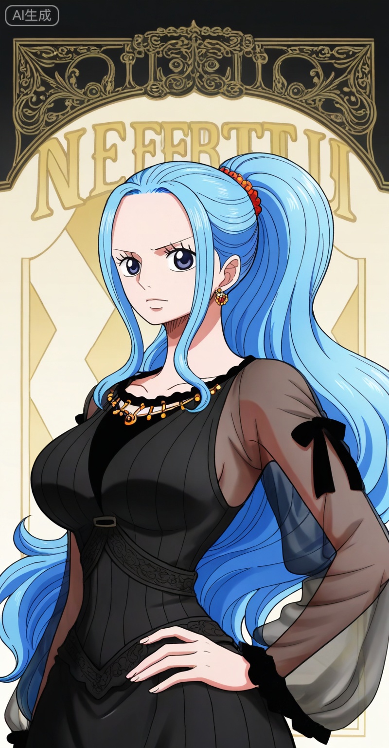 Nefertari D. Vivi one piece,Nefertari D. Vivi\(one piece\),ponytail,blue hair,blue eyes,long hair,high ponytail,very long hair,
1girl,solo,jewelry,earrings,see-through,dress,upper body,black dress,hand on own hip,breasts,see-through sleeves, 

,
depth of field,masterpiece,best quality,very aesthetic,alternate costume,alternate costume,2024,2023,perfect composition,ultra-detailed,extreme aesthetic,masterpiece,best quality,good quality,newest,year 2024,year 2023,very aesthetic,absurdres,looking_at_viewer,colorful,