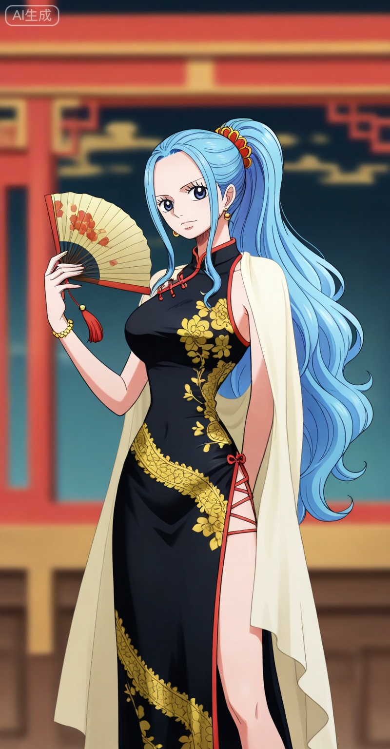 Nefertari D. Vivi one piece,Nefertari D. Vivi\(one piece\),ponytail,blue hair,blue eyes,long hair,high ponytail,very long hair,
1girl,dress,hand fan,holding,solo,earrings,jewelry,chinese clothes,china dress,black dress,holding fan,floral print,blurry,sleeveless,looking at viewer,sleeveless dress,folding fan,standing,head tilt,2,

,
depth of field,masterpiece,best quality,very aesthetic,alternate costume,alternate costume,2024,2023,perfect composition,ultra-detailed,extreme aesthetic,masterpiece,best quality,good quality,newest,year 2024,year 2023,very aesthetic,absurdres,looking_at_viewer,colorful,