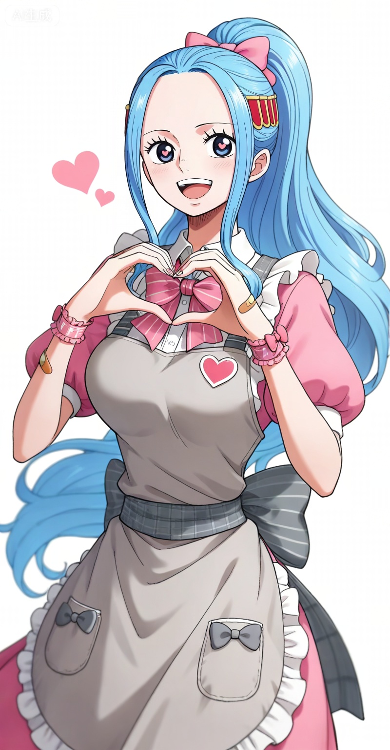 Nefertari D. Vivi one piece,Nefertari D. Vivi\(one piece\),ponytail,blue hair,blue eyes,long hair,high ponytail,very long hair,
1girl,solo,bandaid on hand,butterfly hair ornament,heart,long hair,apron,open mouth,pink bowtie,hair ornament,white background,pink bow,short sleeves,dress,simple background,bow,striped bow,hair between eyes,shadow,puffy sleeves,frills,puffy short sleeves,heart hands,bowtie,hands up,grey apron,smile,looking at viewer,striped bowtie,symbol-shaped pupils,heart-shaped pupils,symbol in eye,grey bow,

,
depth of field,masterpiece,best quality,very aesthetic,alternate costume,alternate costume,2024,2023,perfect composition,ultra-detailed,extreme aesthetic,masterpiece,best quality,good quality,newest,year 2024,year 2023,very aesthetic,absurdres,looking_at_viewer,colorful,