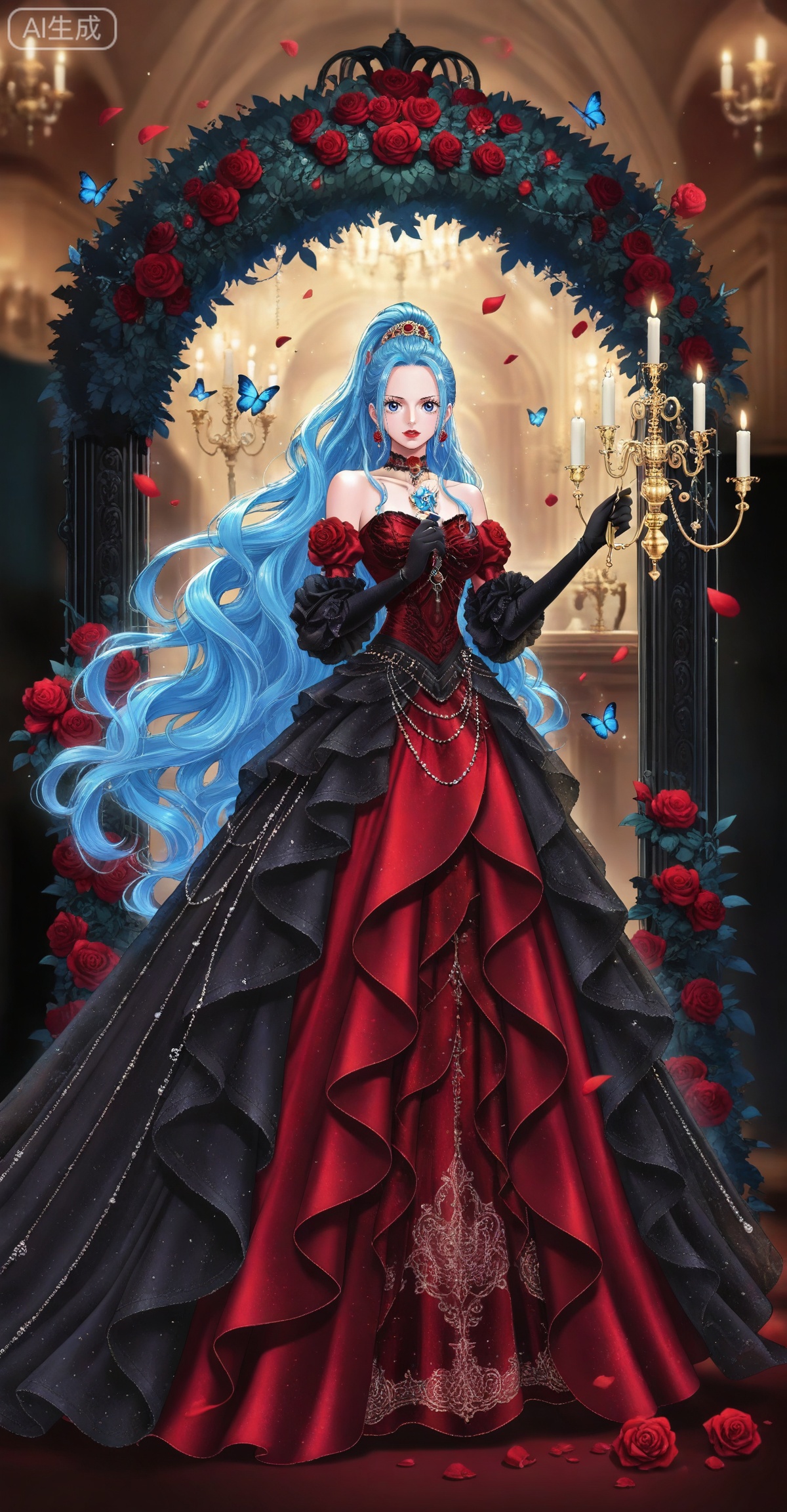 Nefertari D. Vivi one piece,Nefertari D. Vivi\(one piece\),ponytail,blue hair,blue eyes,long hair,high ponytail,very long hair,
lvjing, 1girl, dress, solo, red hair, flower, gloves, candle, butterfly, bug, rose, red flower, jewelry, long dress, elbow gloves, red rose, blue eyes, full body, looking at viewer, holding, red dress, black gloves, gem, earrings, gown, bare shoulders, red lips, chandelier, standing, candlestand, black dress, choker, updo, petals, 59
 depth of field,masterpiece,best quality,very aesthetic,alternate costume,alternate costume,2024,2023,perfect composition,ultra-detailed,extreme aesthetic,masterpiece,best quality,good quality,newest,year 2024,year 2023,very aesthetic,absurdres,looking_at_viewer,colorful,,lvjing,


