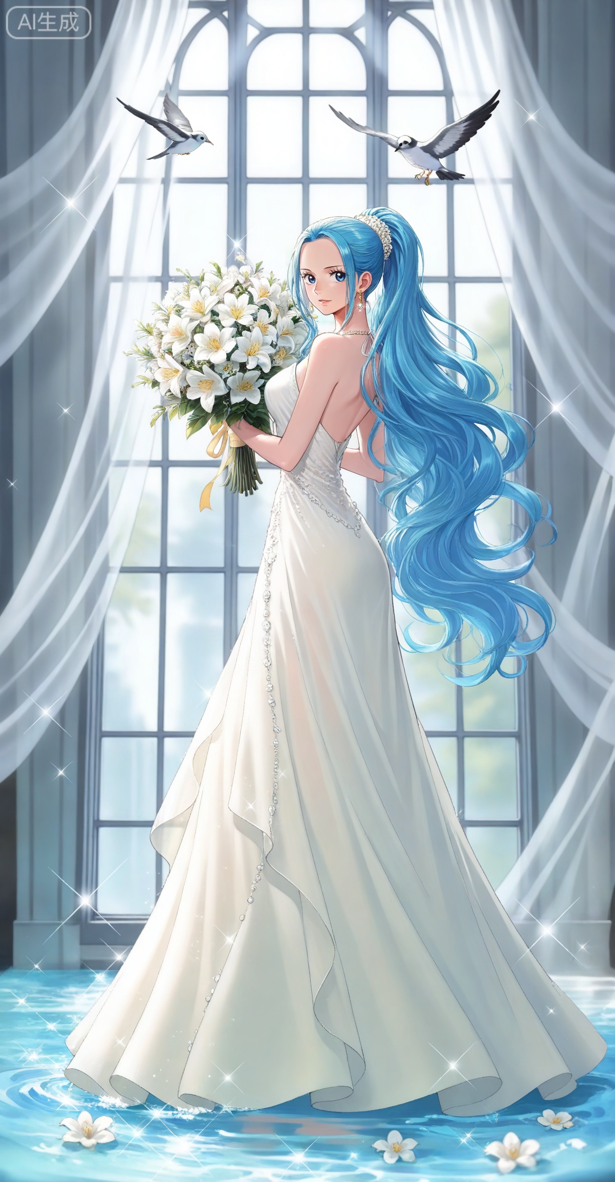 Nefertari D. Vivi one piece,Nefertari D. Vivi\(one piece\),ponytail,blue hair,blue eyes,long hair,high ponytail,very long hair,

lvjing, 1girl, blonde hair, long hair, dress, flower, solo, white dress, bird, window, curtains, jewelry, white flower, bouquet, holding, full body, sparkle, bare shoulders, earrings, water, holding bouquet, 57
 depth of field,masterpiece,best quality,very aesthetic,alternate costume,alternate costume,2024,2023,perfect composition,ultra-detailed,extreme aesthetic,masterpiece,best quality,good quality,newest,year 2024,year 2023,very aesthetic,absurdres,looking_at_viewer,colorful,,lvjing,



