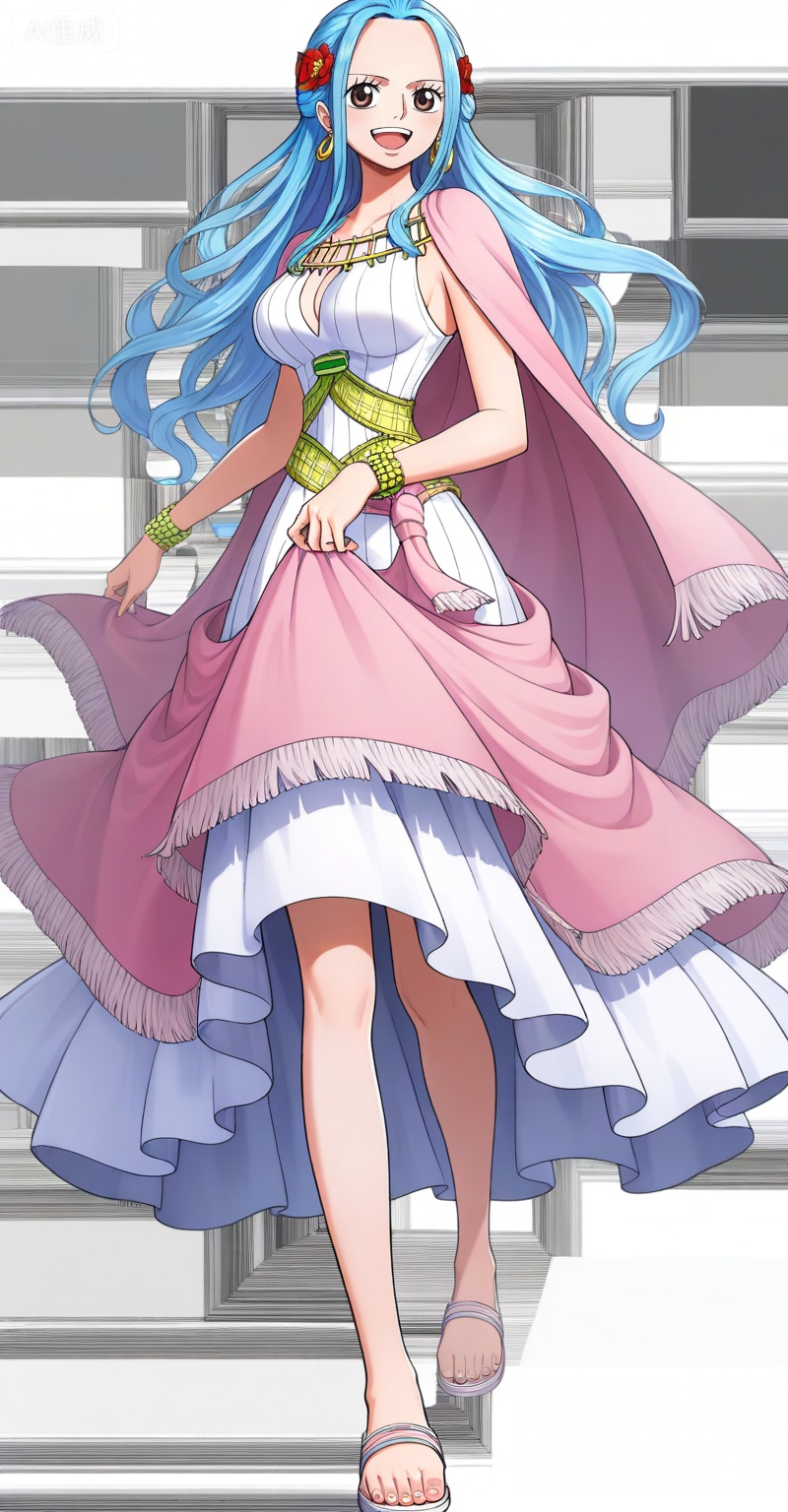 Nefertari D. Vivi one piece, Nefertari D. Vivi\(one piece\), 1girl, solo, long hair, blue hair, dress, full body, sandals, jewelry, hair ornament, smile, flower, open mouth, cape, breasts, hair flower, earrings, white dress, bracelet, skirt hold, looking at viewer, simple background, transparent background, standing, white background, brown eyes, medium breasts, toes, pink cape,1,

depth of field,masterpiece,best quality,very aesthetic,alternate costume,alternate costume,2024,2023,perfect composition,ultra-detailed,extreme aesthetic,masterpiece,best quality,good quality,newest,year 2024,year 2023,very aesthetic,absurdres,looking_at_viewer,colorful,