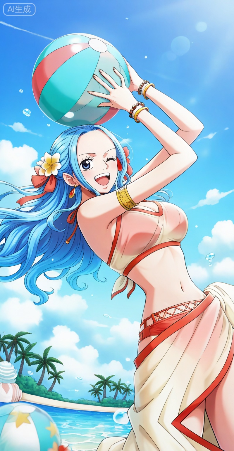 Nefertari D. Vivi one piece, Nefertari D. Vivi\(one piece\), 1girl, blue hair, flower, one eye closed, ball, hair flower, long hair, beachball, swimsuit, open mouth, hair ornament, smile, navel, holding ball, palm tree, sky, tree, outdoors, holding, bikini, jewelry, bracelet, midriff, solo, cloud, day, blue eyes, blue sky, sarong, water, ;d,11
,
depth of field,masterpiece,best quality,very aesthetic,alternate costume,alternate costume,2024,2023,perfect composition,ultra-detailed,extreme aesthetic,masterpiece,best quality,good quality,newest,year 2024,year 2023,very aesthetic,absurdres,looking_at_viewer,colorful,