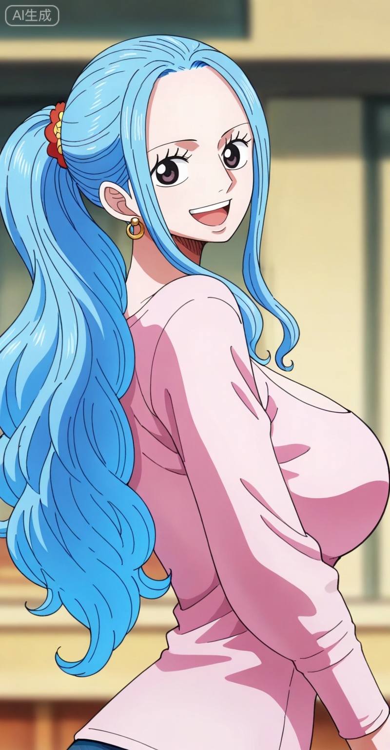Nefertari D. Vivi one piece, Nefertari D. Vivi\(one piece\), 1girl, blue hair, solo, long hair, earrings, breasts, jewelry, smile, open mouth, pink shirt, looking at viewer, ponytail, large breasts, from side, upper body, shirt,29
,
depth of field,masterpiece,best quality,very aesthetic,alternate costume,alternate costume,2024,2023,perfect composition,ultra-detailed,extreme aesthetic,masterpiece,best quality,good quality,newest,year 2024,year 2023,very aesthetic,absurdres,looking_at_viewer,colorful,