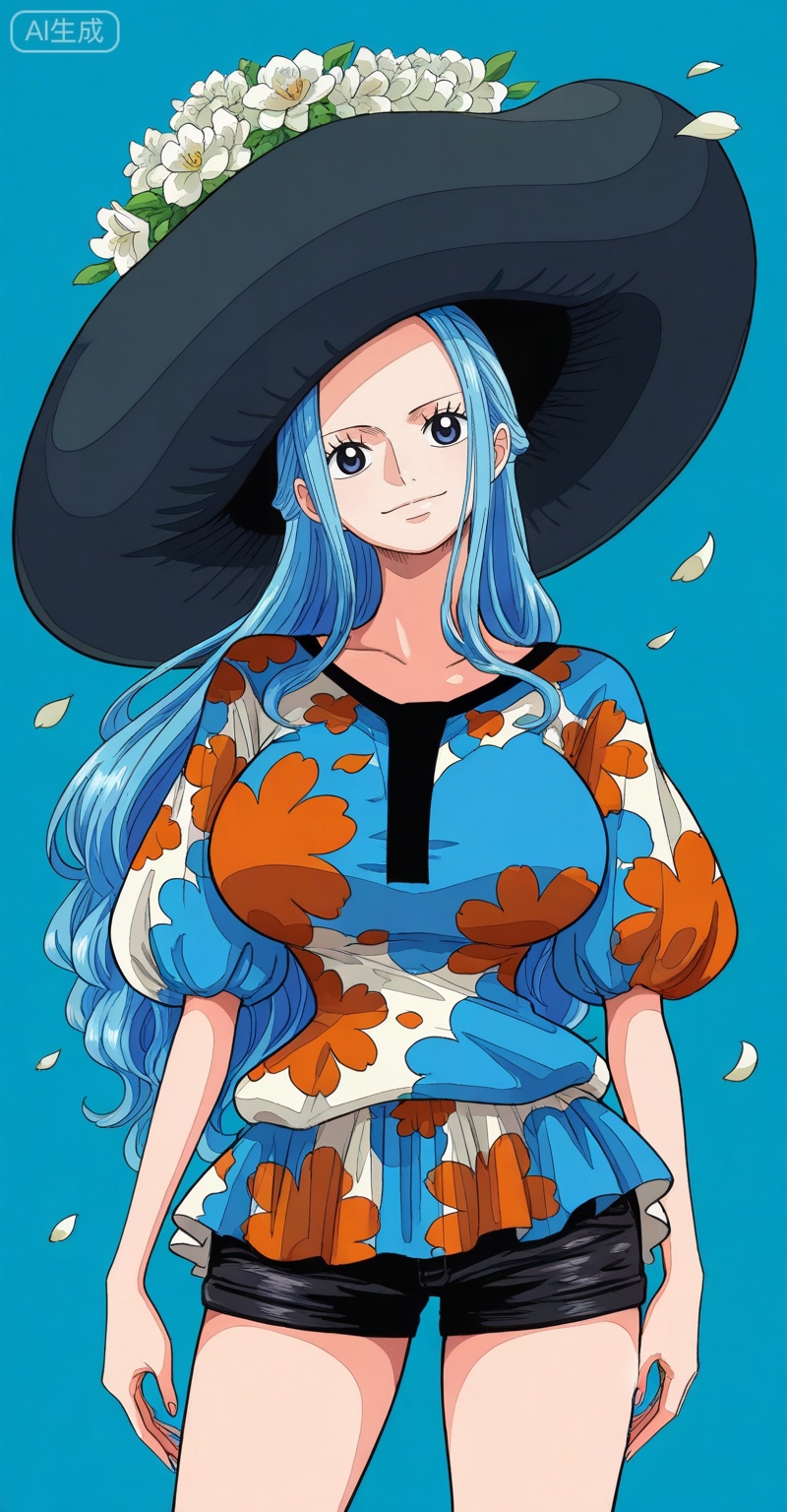 Nefertari D. Vivi one piece, Nefertari D. Vivi\(one piece\), 1girl, solo, long hair, hat, shorts, smile, blue eyes, simple background, blue hair, shirt, looking at viewer, blue background, breasts, flower, cowboy shot, short shorts, short sleeves, petals, head tilt, large breasts, black shorts, puffy sleeves, standing,8
,
depth of field,masterpiece,best quality,very aesthetic,alternate costume,alternate costume,2024,2023,perfect composition,ultra-detailed,extreme aesthetic,masterpiece,best quality,good quality,newest,year 2024,year 2023,very aesthetic,absurdres,looking_at_viewer,colorful,