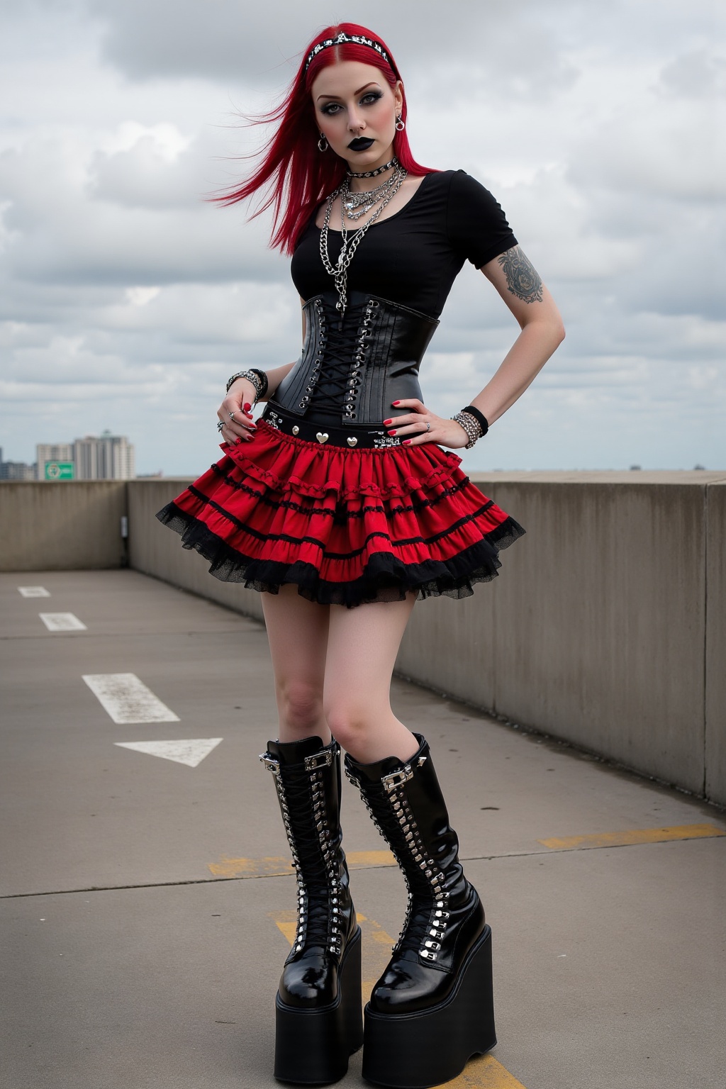 Full-body hyper-realistic portrait of a young ***** woman standing outdoors on the top level of a parking structure,  unde...
