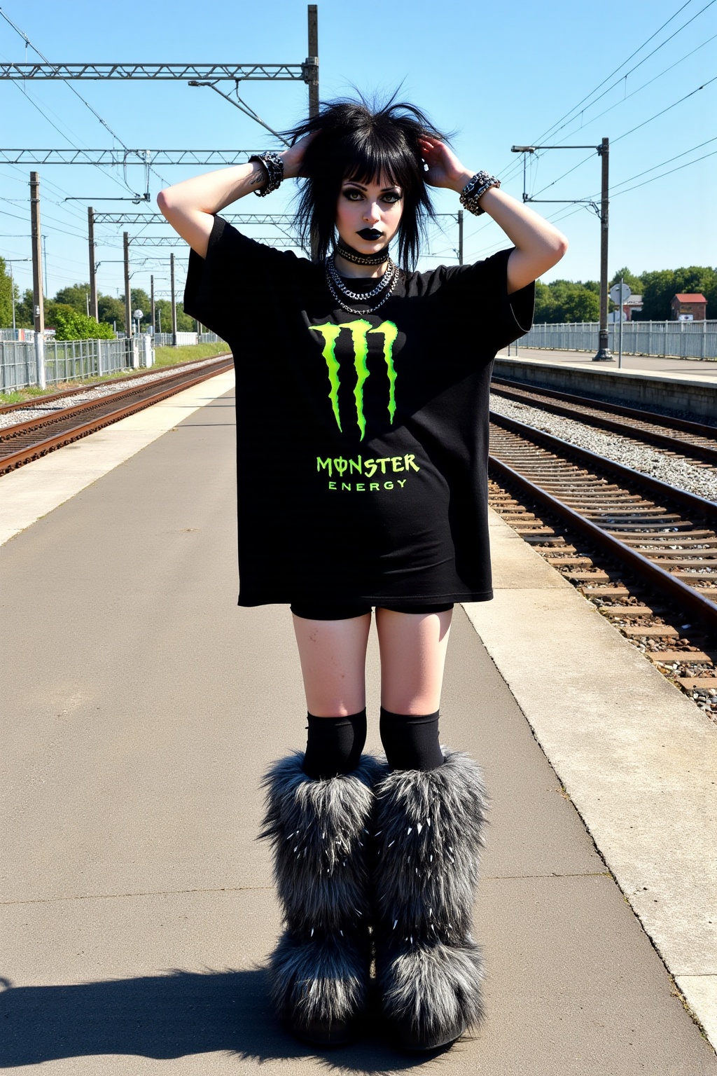 A full-body,  ultra-detailed portrait of an alternative goth woman standing outdoors on a bright sunny day at an empty tra...