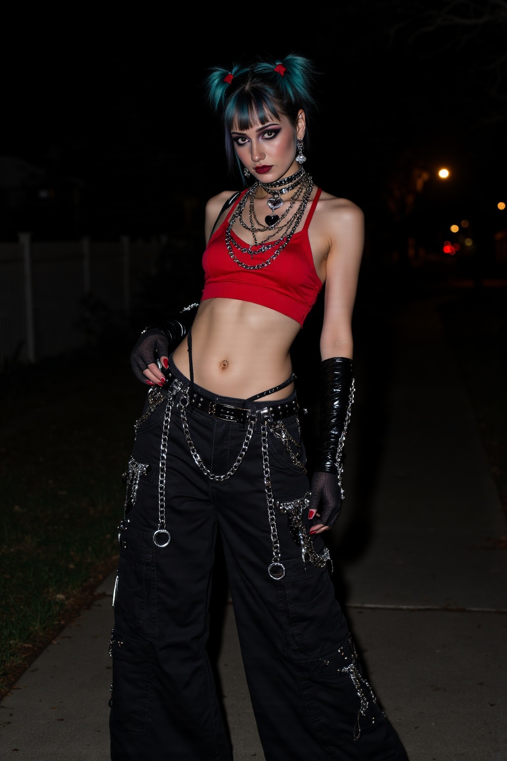 A hyper-realistic nighttime street portrait of an alternative woman illuminated by a strong front-facing flash. She stands...