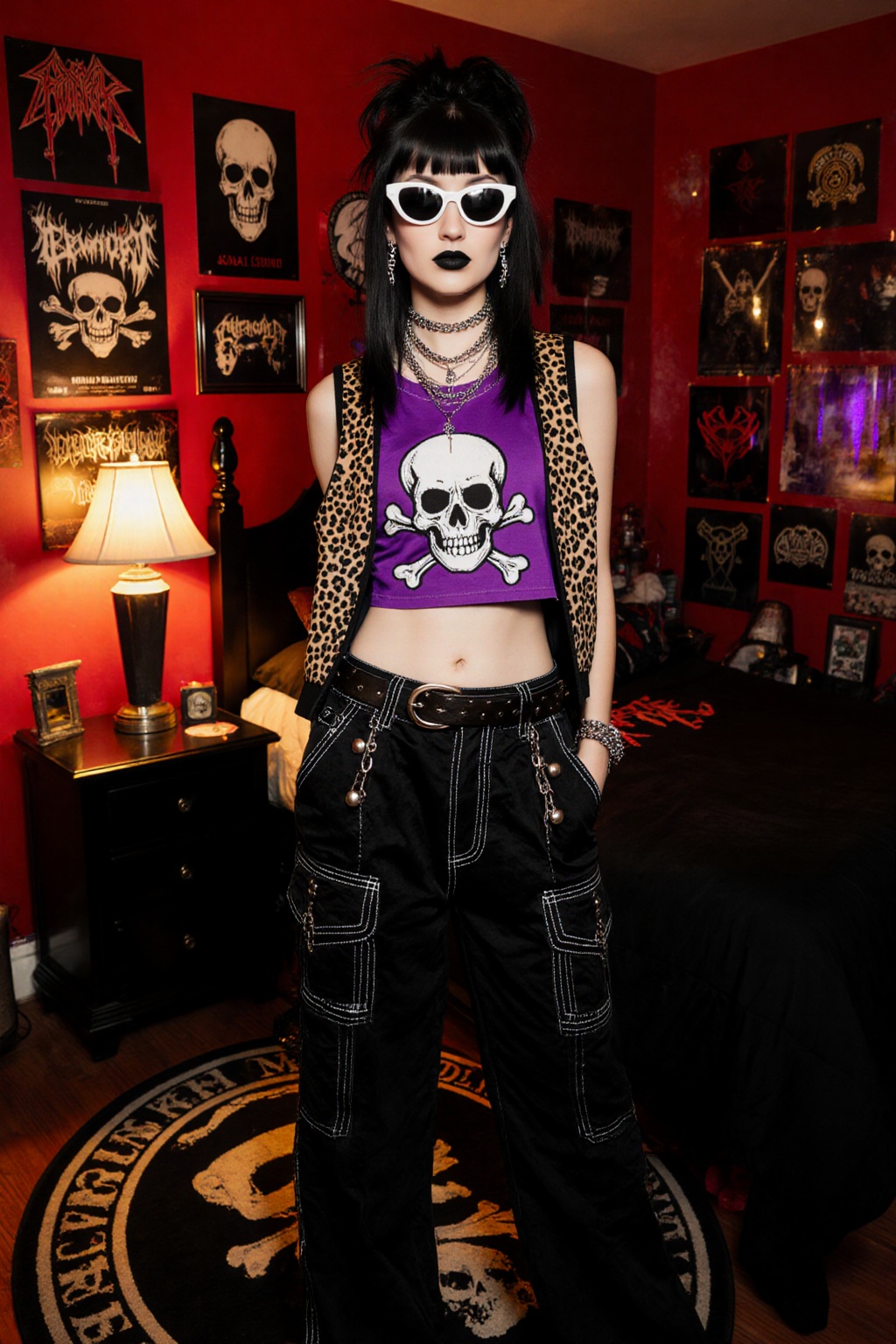 A hyper-realistic full-body portrait of an alternative young woman standing confidently in a vividly decorated bedroom fil...