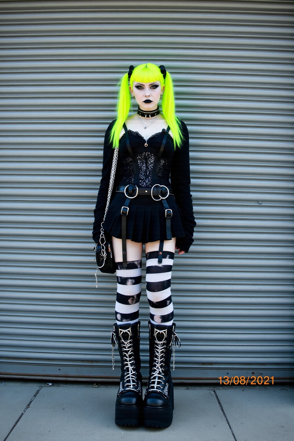 A full-body portrait of a goth woman standing in front of a metallic industrial shutter door with horizontal ridges,  phot...