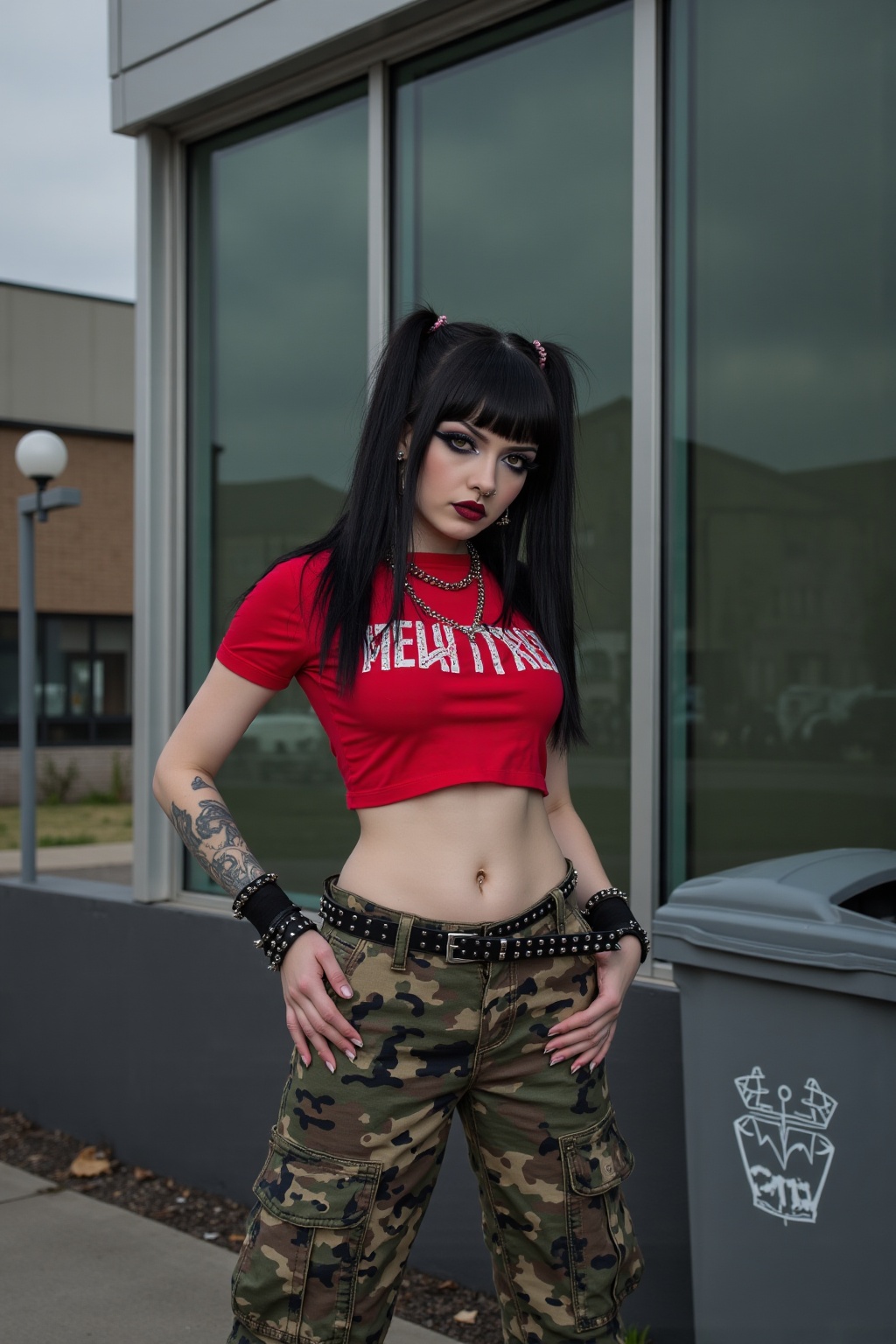A hyper-realistic full-body portrait of an alternative young woman standing confidently in front of a modern building with...