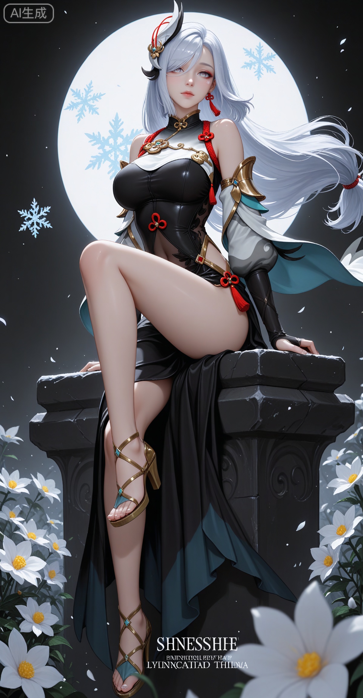 masterpiece,high quality,tall,game cg,highres,(soft light:1.2),white_skin,(shiny_skin:0.6),(realistic:1.1),,lvjing,
Shenhe,1girl,jewelry,white hair,long hair,grey eyes,snowflakes,
xuanyi,1girl,solo,large breasts,hair ornament,dress,bare shoulders,jewelry,(light purple eye shadow:1.1),closed mouth,
makeup,longeyelashes,flower,wind,floating hair,(looking_at_viewer:1.2),white_background,simple background,cover,english text,(layered_dress:1.1),(pleated_dress:1.1),black dress,black theme,