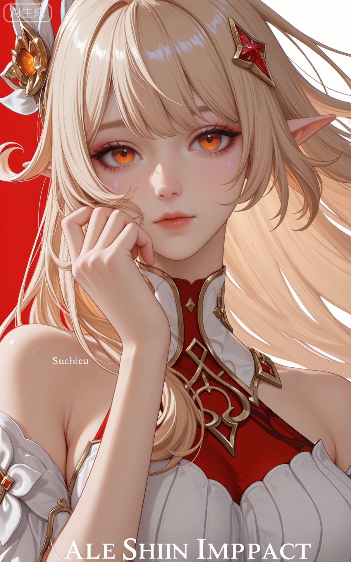 masterpiece,high quality,tall,game cg,highres,(soft light:1.2),white_skin,(shiny_skin:0.6),(realistic:1.1),,lvjing,
,alice_(genshin_impact),very long hair,large breasts,pointy ears,blonde hair,orange eyes,bangs,ahoge,hair ornament,
xuanyi,1girl,solo,large breasts,hair ornament,dress,bare shoulders,jewelry,(light purple eye shadow:1.1),closed mouth,
makeup,longeyelashes,flower,wind,floating hair,(looking_at_viewer:1.2),white_background,simple background,cover,english text,(layered_dress:1.1),(pleated_dress:1.1),red dress,red theme,