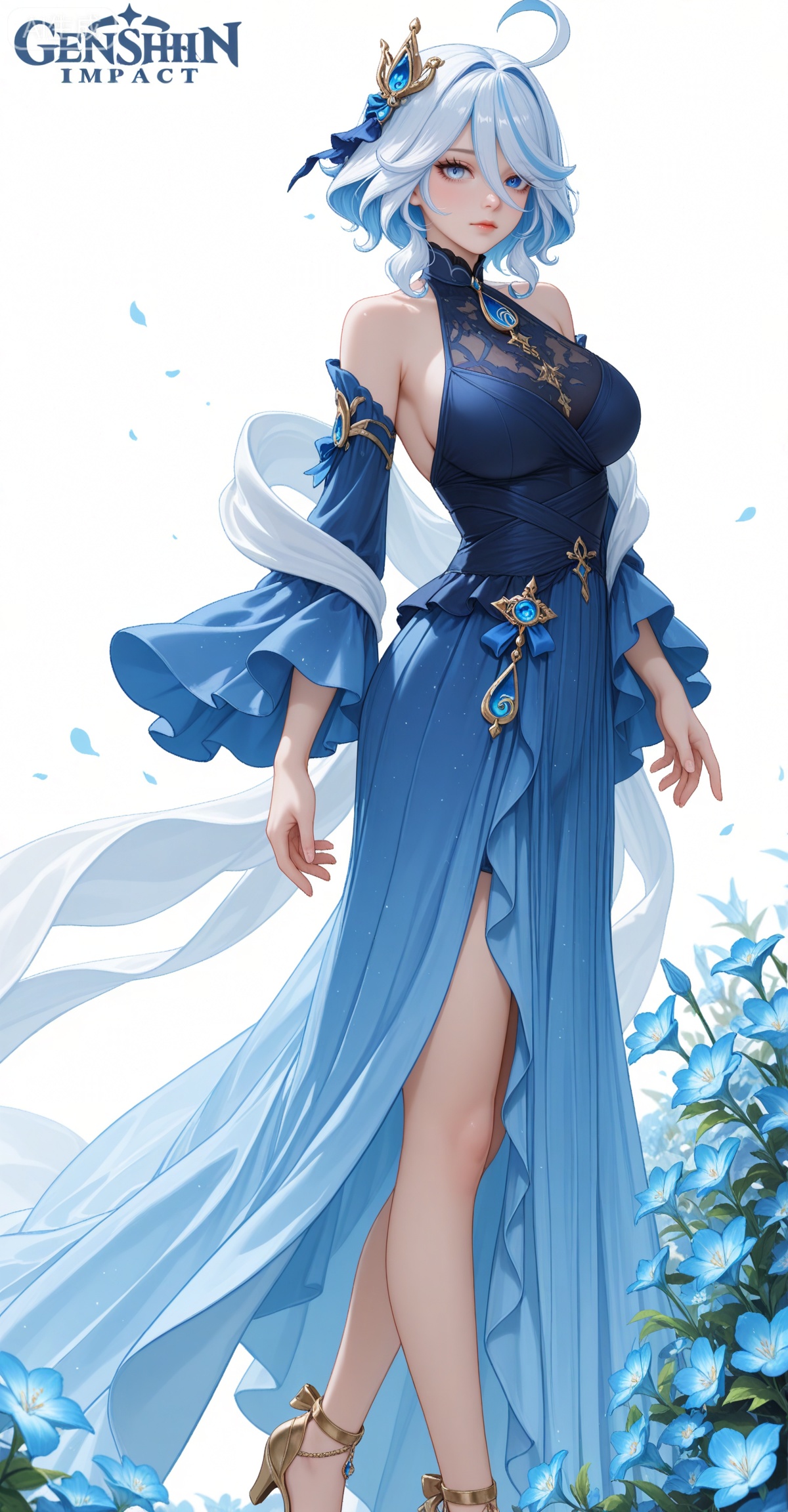 masterpiece,high quality,tall,game cg,highres,(soft light:1.2),white_skin,(shiny_skin:0.6),(realistic:1.1),,lvjing,
FURINA\(genshin impact\),blue eyes,ahoge,blue hair,heterochromia,bangs,hair between eyes,multicolored hair,white hair,light blue hair,medium hair,looking_at_viewer,
xuanyi,1girl,solo,large breasts,hair ornament,dress,bare shoulders,jewelry,(light purple eye shadow:1.1),closed mouth,
makeup,longeyelashes,flower,wind,floating hair,(looking_at_viewer:1.2),white_background,simple background,cover,english text,(layered_dress:1.1),(pleated_dress:1.1),blue dress,blue theme,