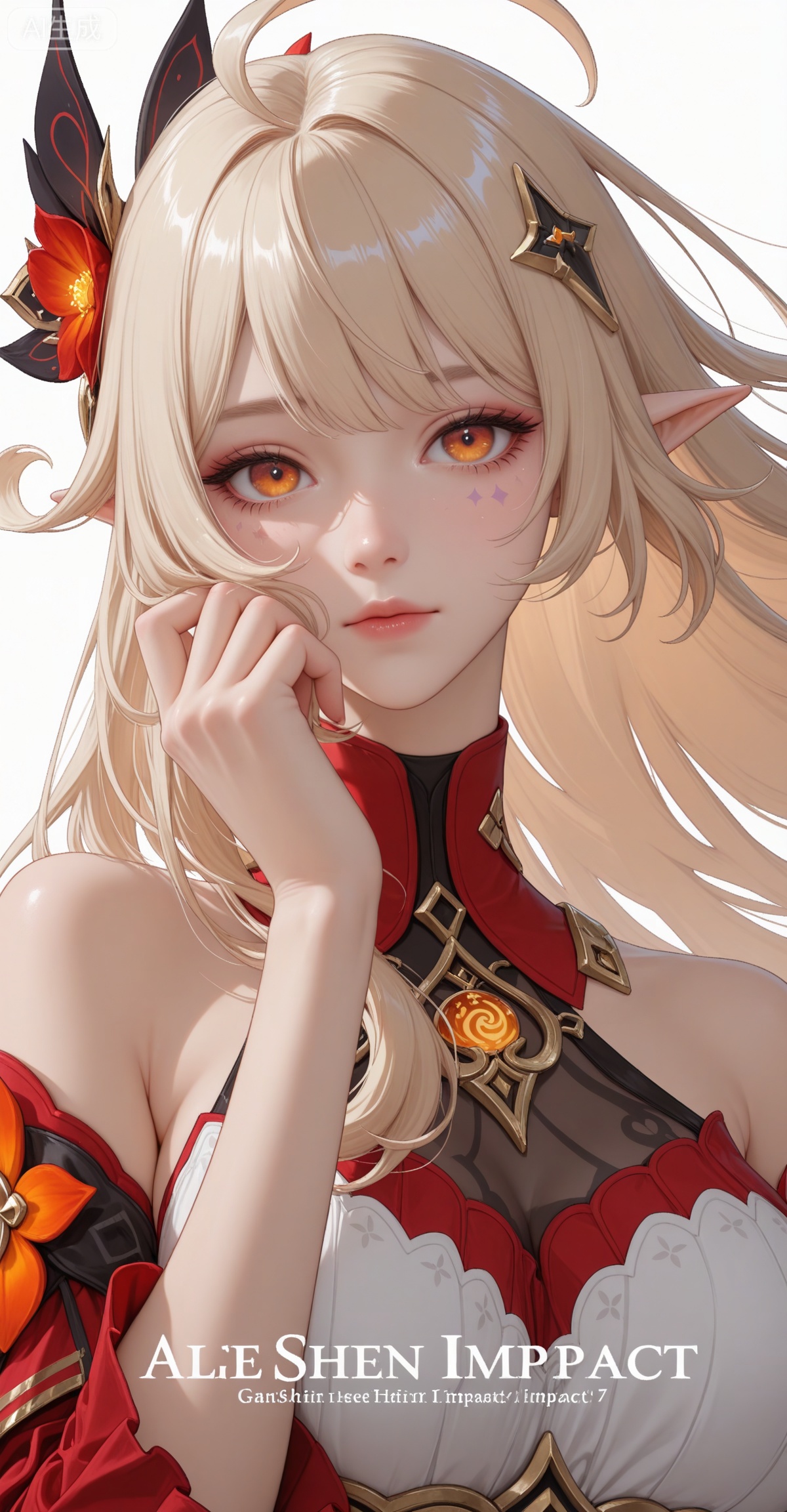 masterpiece,high quality,tall,game cg,highres,(soft light:1.2),white_skin,(shiny_skin:0.6),(realistic:1.1),,lvjing,
,alice_(genshin_impact),very long hair,large breasts,pointy ears,blonde hair,orange eyes,bangs,ahoge,hair ornament,
xuanyi,1girl,solo,large breasts,hair ornament,dress,bare shoulders,jewelry,(light purple eye shadow:1.1),closed mouth,
makeup,longeyelashes,flower,wind,floating hair,(looking_at_viewer:1.2),white_background,simple background,cover,english text,(layered_dress:1.1),(pleated_dress:1.1),red dress,red theme,