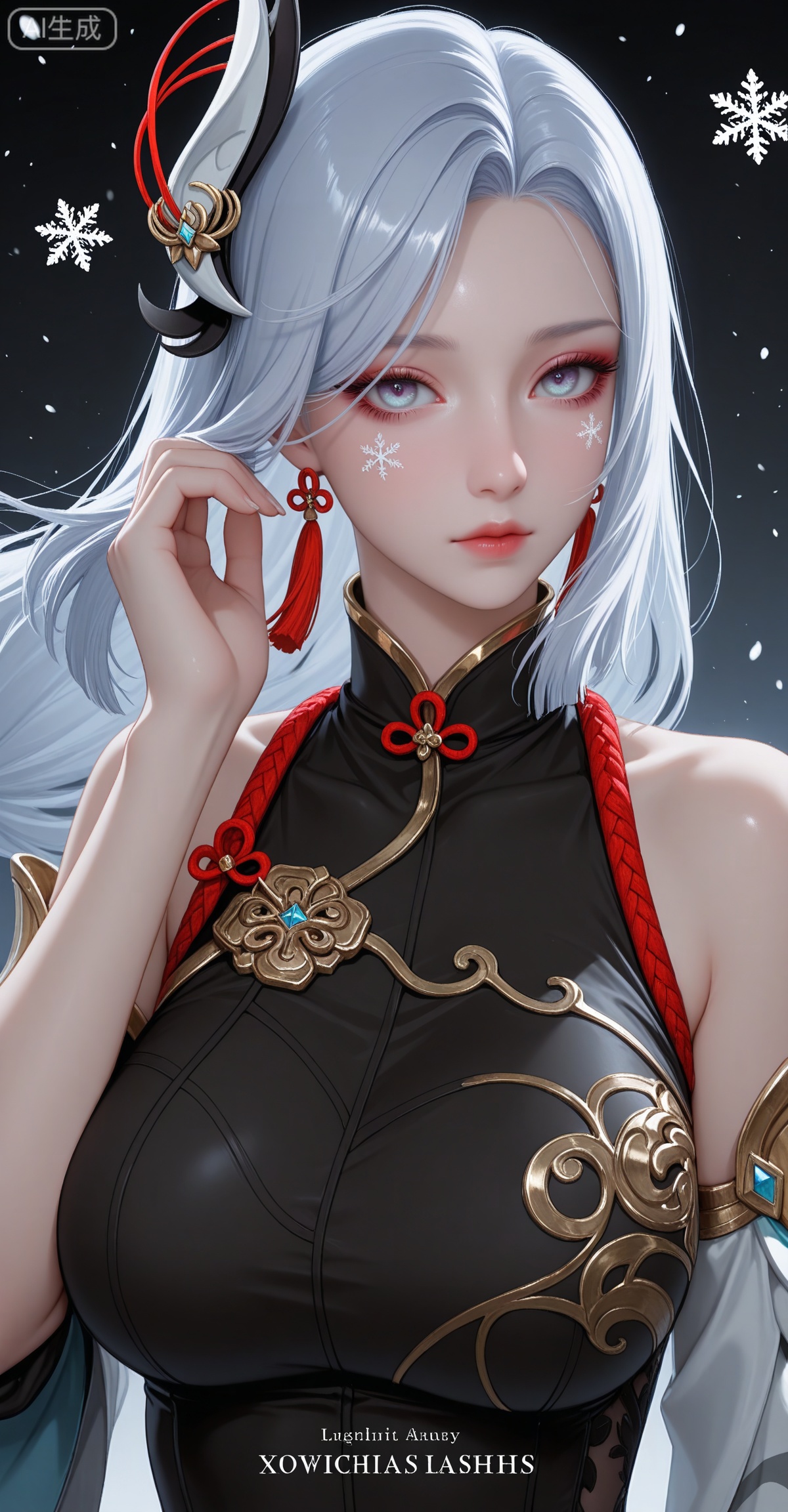 masterpiece,high quality,tall,game cg,highres,(soft light:1.2),white_skin,(shiny_skin:0.6),(realistic:1.1),,lvjing,
Shenhe,1girl,jewelry,white hair,long hair,grey eyes,snowflakes,
xuanyi,1girl,solo,large breasts,hair ornament,dress,bare shoulders,jewelry,(light purple eye shadow:1.1),closed mouth,
makeup,longeyelashes,flower,wind,floating hair,(looking_at_viewer:1.2),white_background,simple background,cover,english text,(layered_dress:1.1),(pleated_dress:1.1),black dress,black theme,