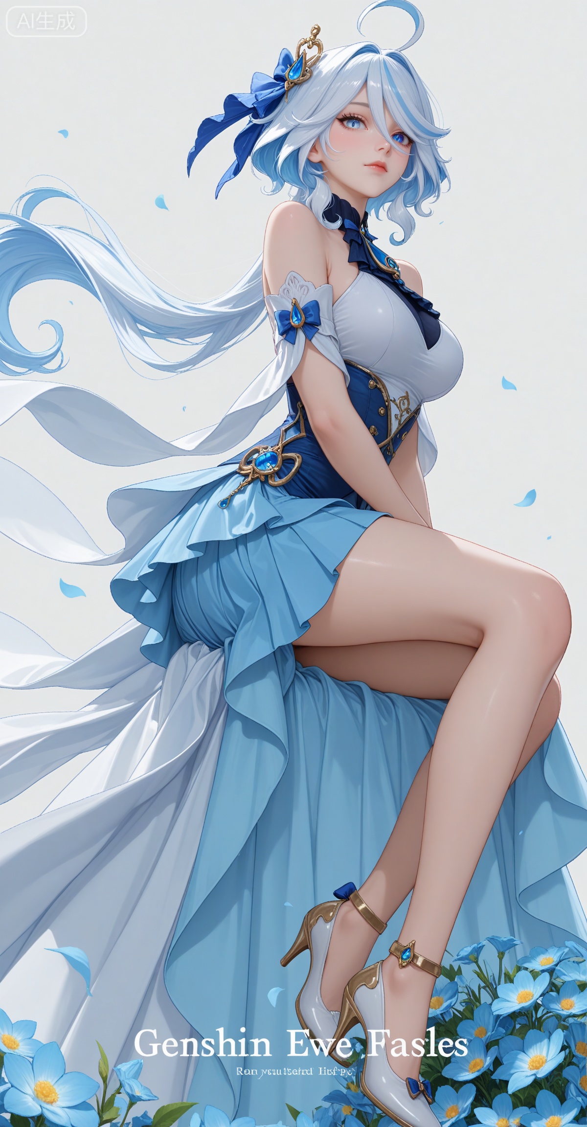 masterpiece,high quality,tall,game cg,highres,(soft light:1.2),white_skin,(shiny_skin:0.6),(realistic:1.1),,lvjing,
FURINA\(genshin impact\),blue eyes,ahoge,blue hair,heterochromia,bangs,hair between eyes,multicolored hair,white hair,light blue hair,medium hair,looking_at_viewer,
xuanyi,1girl,solo,large breasts,hair ornament,dress,bare shoulders,jewelry,(light purple eye shadow:1.1),closed mouth,
makeup,longeyelashes,flower,wind,floating hair,(looking_at_viewer:1.2),white_background,simple background,cover,english text,(layered_dress:1.1),(pleated_dress:1.1),blue dress,blue theme,