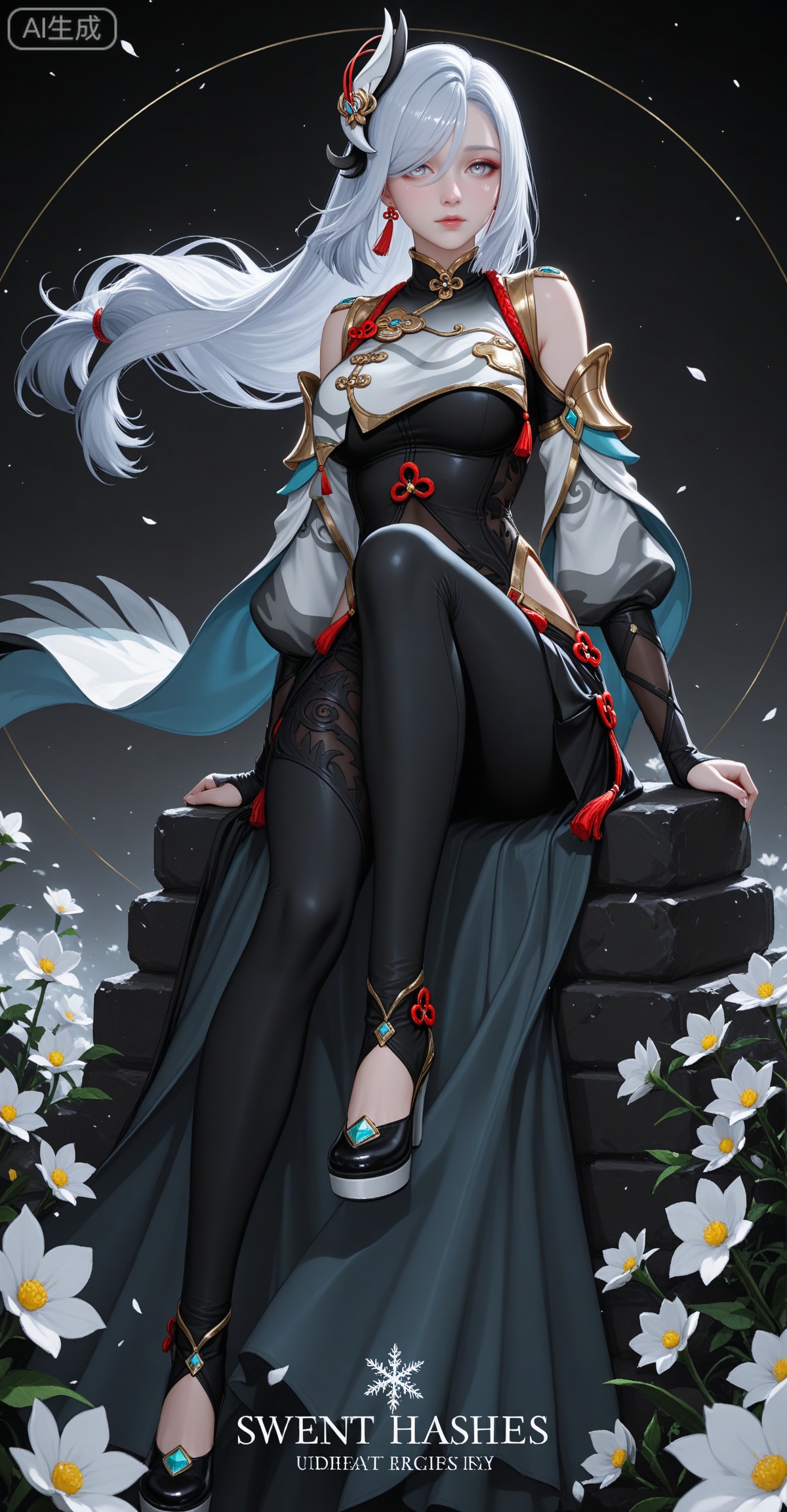 masterpiece,high quality,tall,game cg,highres,(soft light:1.2),white_skin,(shiny_skin:0.6),(realistic:1.1),,lvjing,
Shenhe,1girl,jewelry,white hair,long hair,grey eyes,snowflakes,
xuanyi,1girl,solo,large breasts,hair ornament,dress,bare shoulders,jewelry,(light purple eye shadow:1.1),closed mouth,
makeup,longeyelashes,flower,wind,floating hair,(looking_at_viewer:1.2),white_background,simple background,cover,english text,(layered_dress:1.1),(pleated_dress:1.1),black dress,black theme,