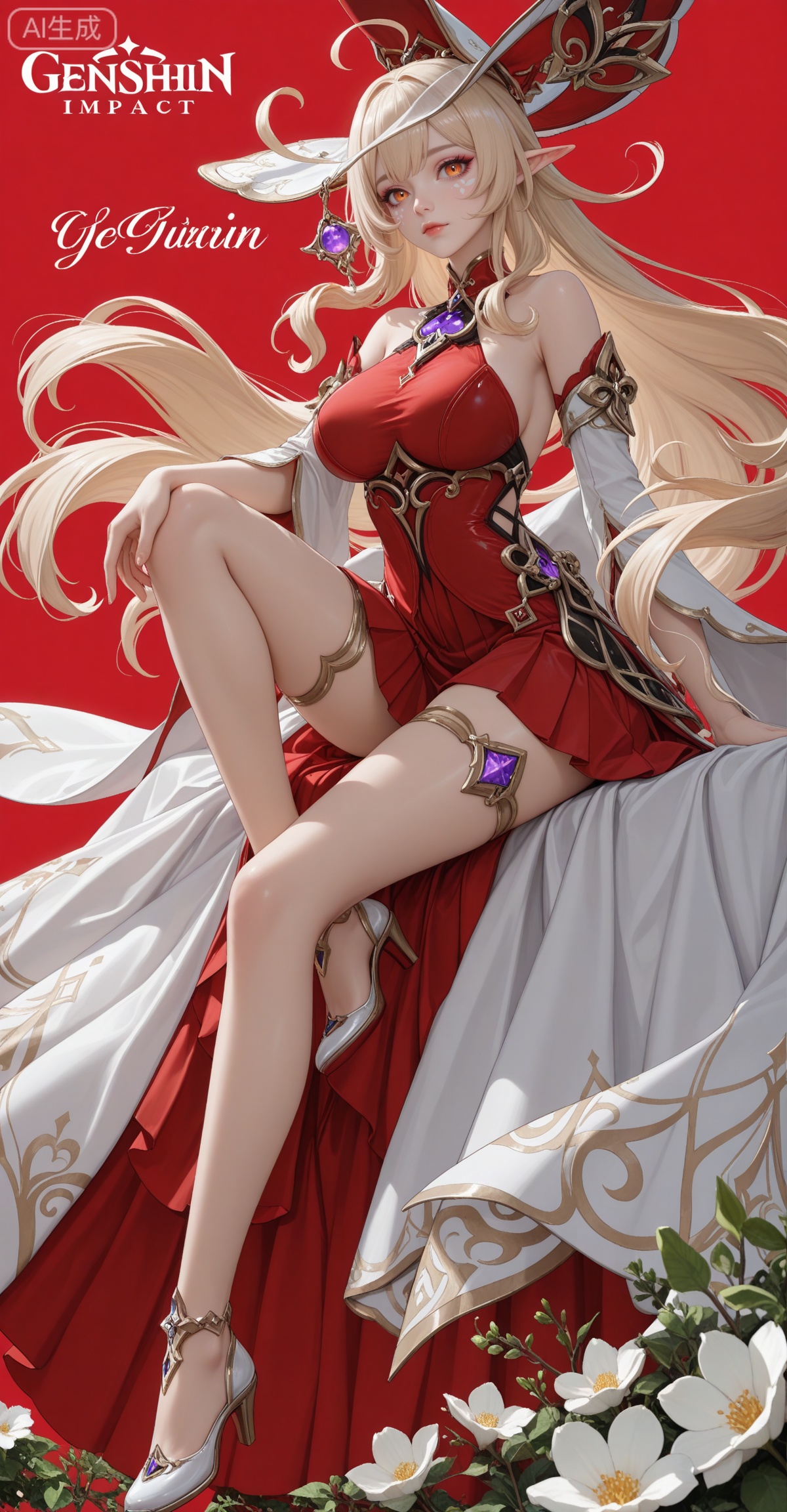 masterpiece,high quality,tall,game cg,highres,(soft light:1.2),white_skin,(shiny_skin:0.6),(realistic:1.1),,lvjing,
,alice_(genshin_impact),very long hair,large breasts,pointy ears,blonde hair,orange eyes,bangs,ahoge,hair ornament,
xuanyi,1girl,solo,large breasts,hair ornament,dress,bare shoulders,jewelry,(light purple eye shadow:1.1),closed mouth,
makeup,longeyelashes,flower,wind,floating hair,(looking_at_viewer:1.2),white_background,simple background,cover,english text,(layered_dress:1.1),(pleated_dress:1.1),red dress,red theme,