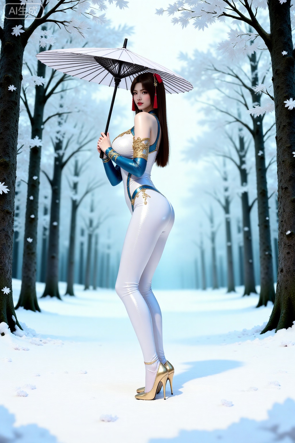 DTC_baijinshen,  The image depicts a serene winter scene with a woman standing in a snowy forest. She is dressed in DTC_ba...