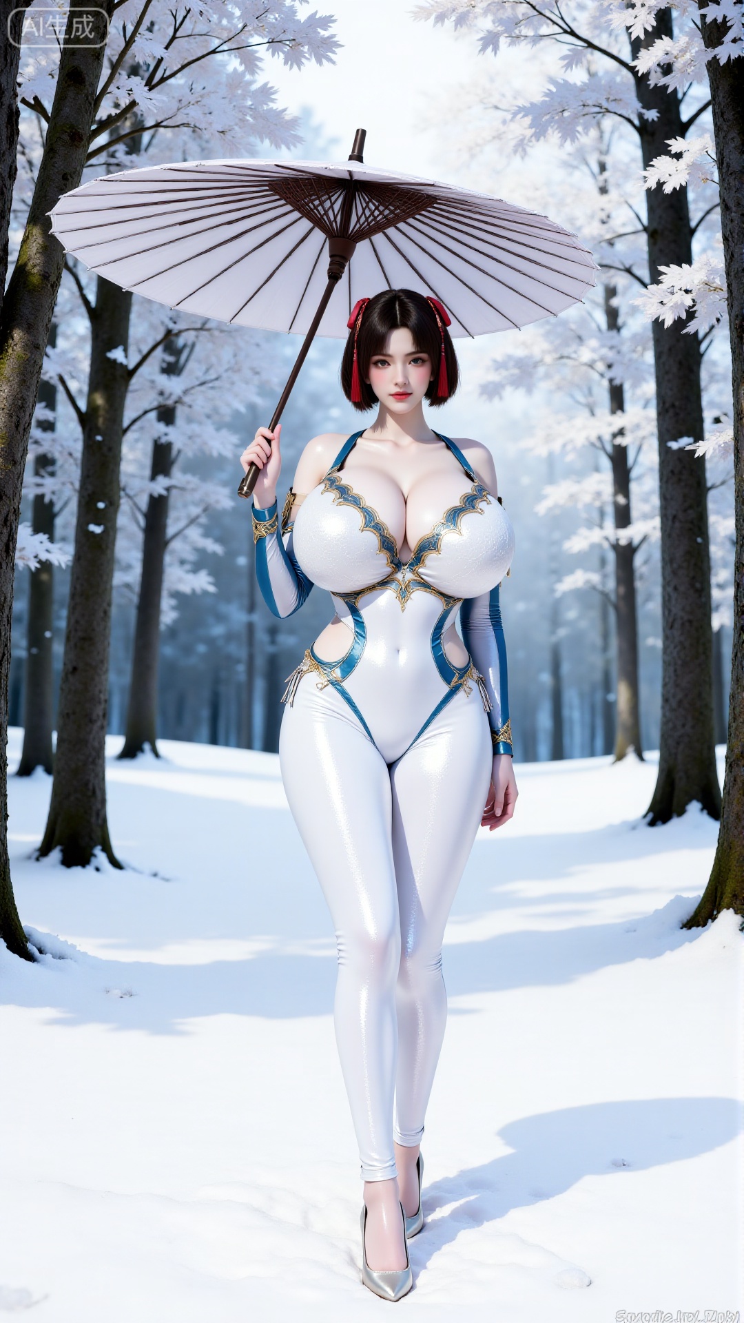 DTC_baijinshen,  The image depicts a serene winter scene with a woman standing in a snowy forest. She is dressed in DTC_ba...