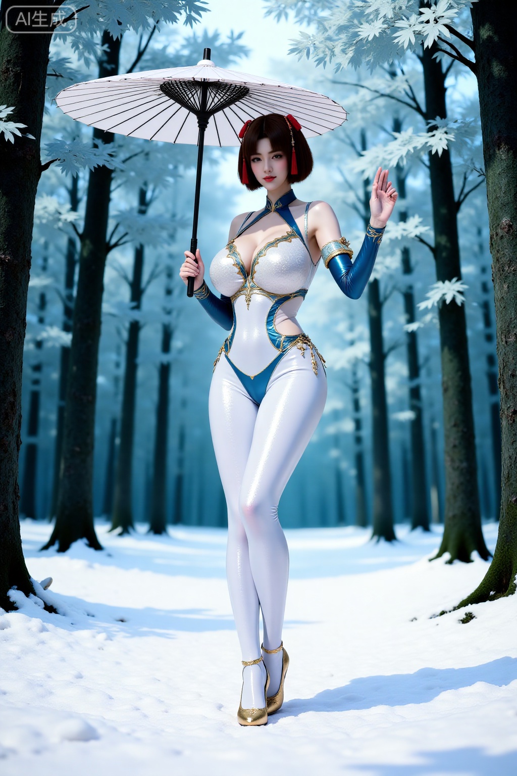 DTC_baijinshen,  The image depicts a serene winter scene with a woman standing in a snowy forest. She is dressed in DTC_ba...