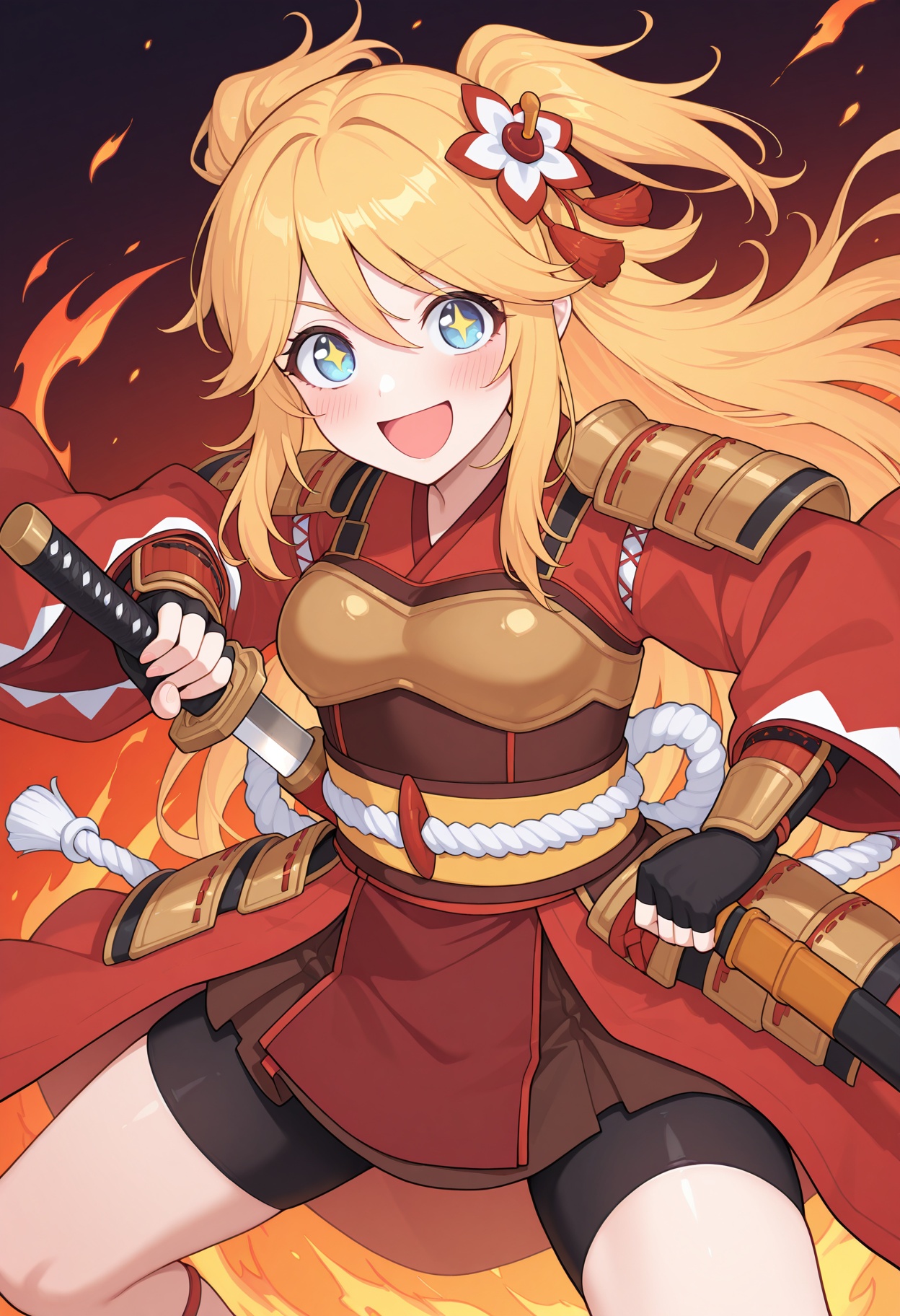 fire,  unsheathing sword,  dynamic pose on Tensor.Art