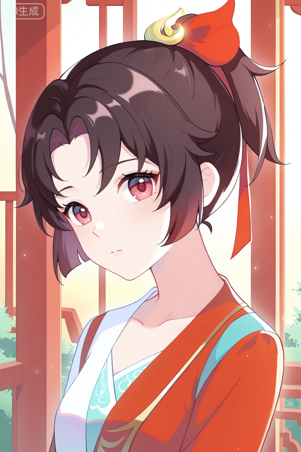 
Random scene,Random scene,


upper body,looking at viewer,
云缨,pastel colors, soft lighting, fresh atmosphere,clean composition, cute aesthetics,masterpiece, best quality,1girl, solo,  brown hair, black hair, hair ornament, red eyes, long sleeves, dress, chinese clothes, red dress, hanfu,
black short hair,short ponytail,hair ribbon with gold ornament,