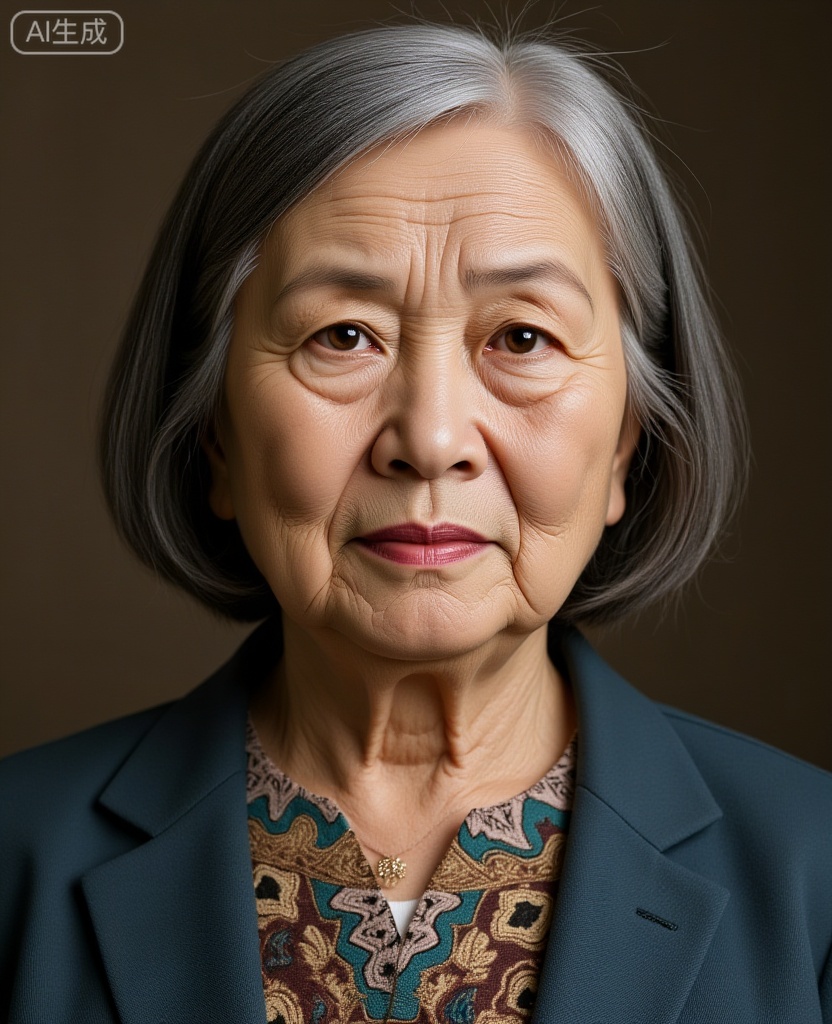 An elderly Chinese woman looks at the camera; high definition, 8K.