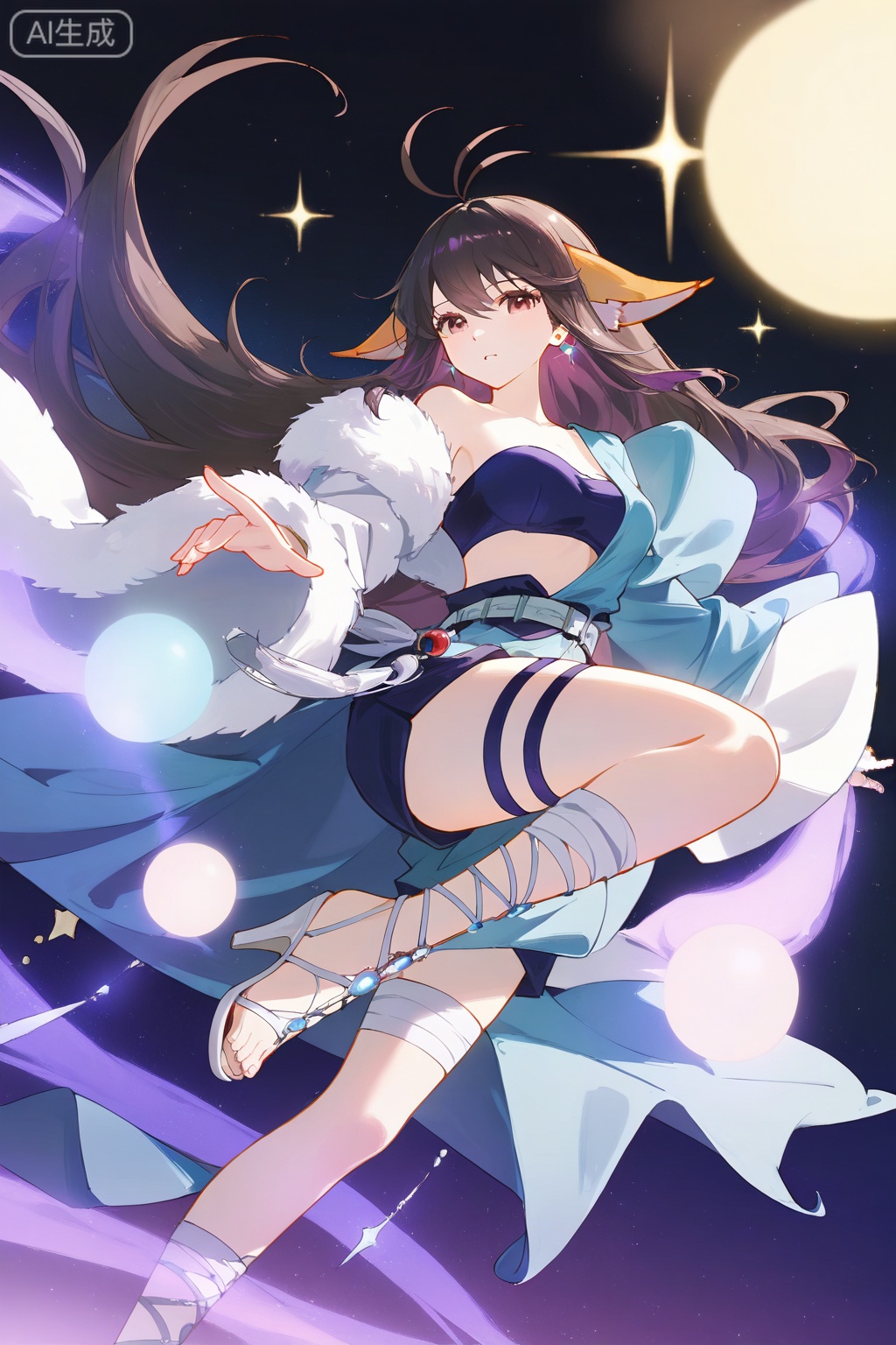 
Random scene,Random scene,
dreamy atmosphere, soft illumination, ethereal glow, sparkling lights, pastel gradients, fantasy lighting

upper body,looking at viewer,
1girl,solo,long hair,animal ears,black hair,purple hair,dress,fur trim,red eyes,purple eyes,brown hair,ahoge,blue dress,thigh strap,antenna hair,black eyes,fox ears,very long hair,high heels,sandals,brown eyes,long sleeves,asymmetrical clothes,belt,jewelry,sash,earrings,off shoulder,tube top,wide sleeves,bra,white footwear,shorts,strappy heels,dog ears,bandaged leg,gladiator sandals,

