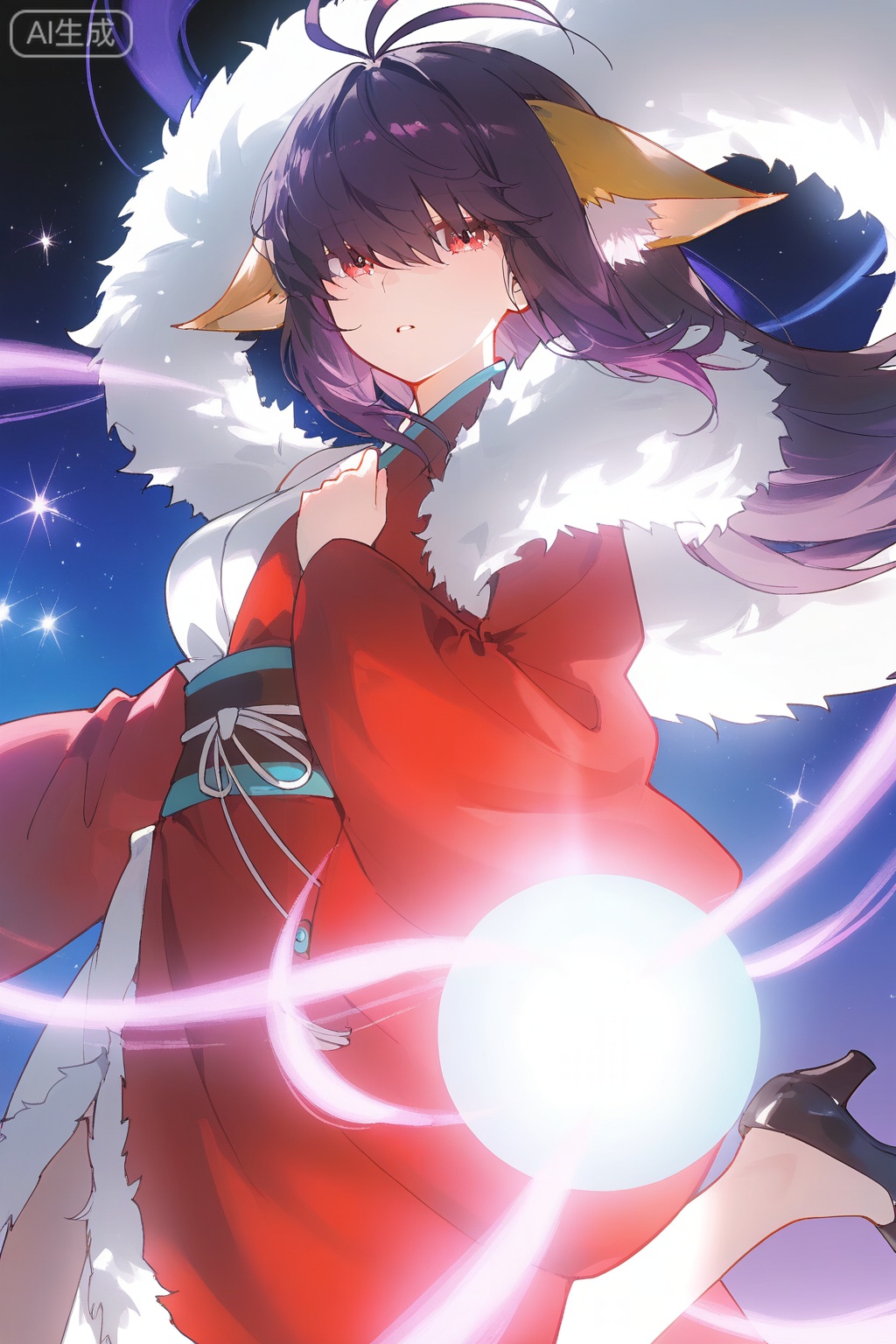 
Random scene,Random scene,

dreamy atmosphere, soft illumination, ethereal glow, sparkling lights, pastel gradients, fantasy lighting
upper body,looking at viewer,
1girl,solo,long hair,animal ears,chinese clothes,dress,red dress,purple hair,sash,antenna hair,black hair,fox ears,obi,red eyes,brown hair,fur trim,long sleeves,fur-trimmed cape,high heels,hair over eyes,hat,asymmetrical clothes,