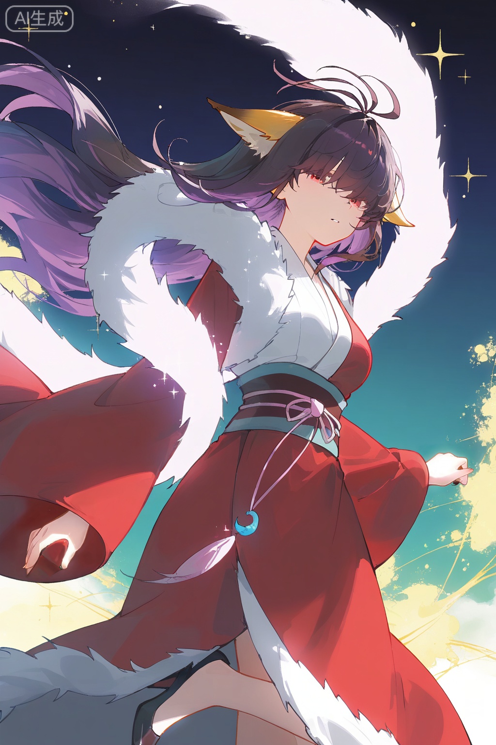 
Random scene,Random scene,

dreamy atmosphere, soft illumination, ethereal glow, sparkling lights, pastel gradients, fantasy lighting
upper body,looking at viewer,
1girl,solo,long hair,animal ears,chinese clothes,dress,red dress,purple hair,sash,antenna hair,black hair,fox ears,obi,red eyes,brown hair,fur trim,long sleeves,fur-trimmed cape,high heels,hair over eyes,hat,asymmetrical clothes,