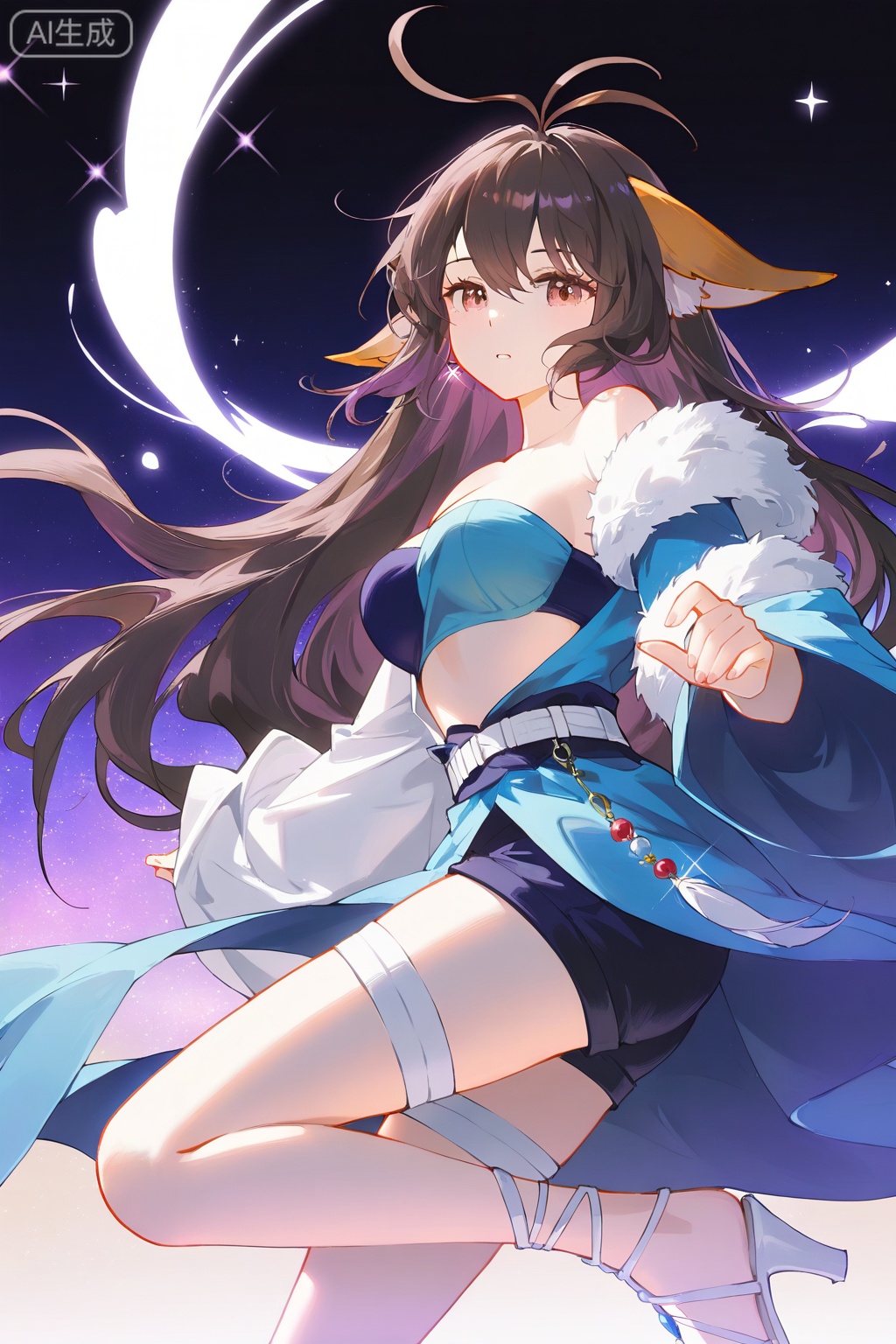 
Random scene,Random scene,
dreamy atmosphere, soft illumination, ethereal glow, sparkling lights, pastel gradients, fantasy lighting

upper body,looking at viewer,
1girl,solo,long hair,animal ears,black hair,purple hair,dress,fur trim,red eyes,purple eyes,brown hair,ahoge,blue dress,thigh strap,antenna hair,black eyes,fox ears,very long hair,high heels,sandals,brown eyes,long sleeves,asymmetrical clothes,belt,jewelry,sash,earrings,off shoulder,tube top,wide sleeves,bra,white footwear,shorts,strappy heels,dog ears,bandaged leg,gladiator sandals,

