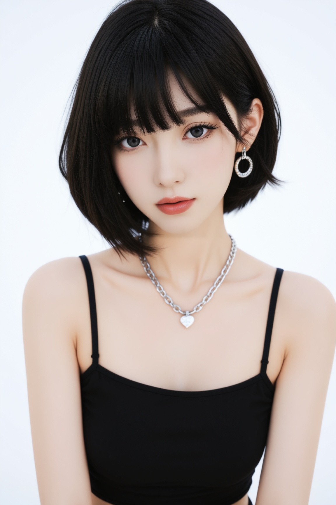 Asian beauty 1girl solo looking at viewer short hair simple background black hair bare shoulders jewelry earrings grey bac...