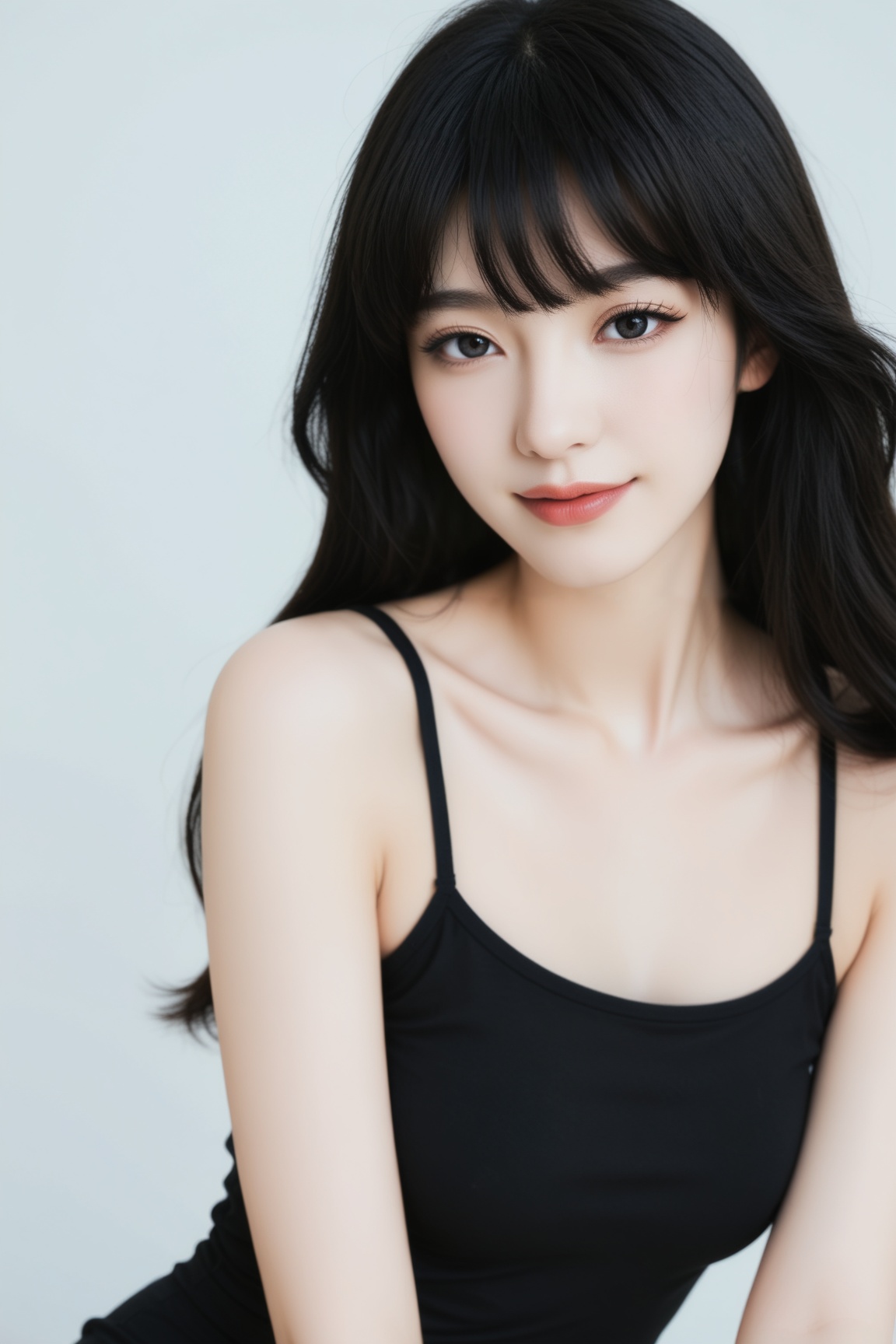Asian beauty 1girl solo long hair looking at viewer smile simple background black hair closed mouth bare shoulders collarb...