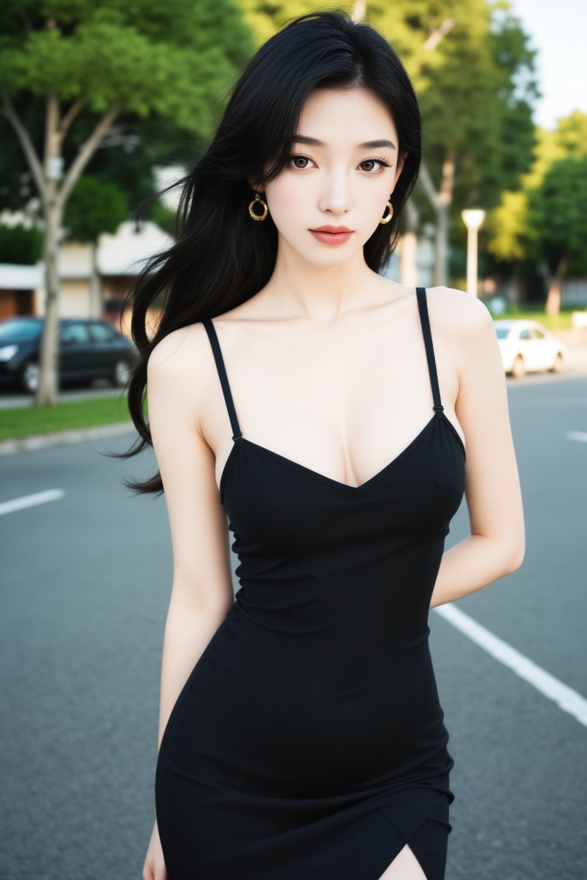 Asian beauty 1girl solo long hair breasts looking at viewer black hair dress brown eyes jewelry standing collarbone earrin...