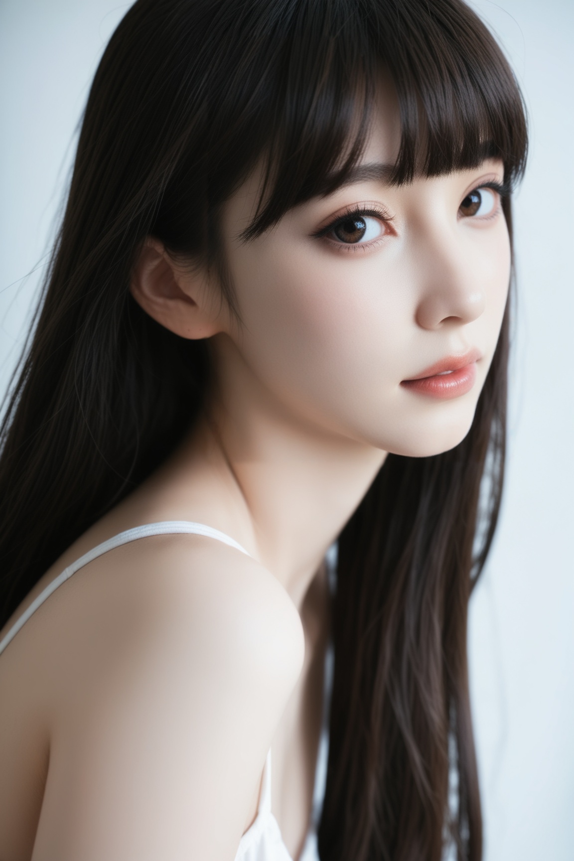 Asian beauty 1girl solo long hair looking at viewer brown hair black hair closed mouth bare shoulders brown eyes upper bod...