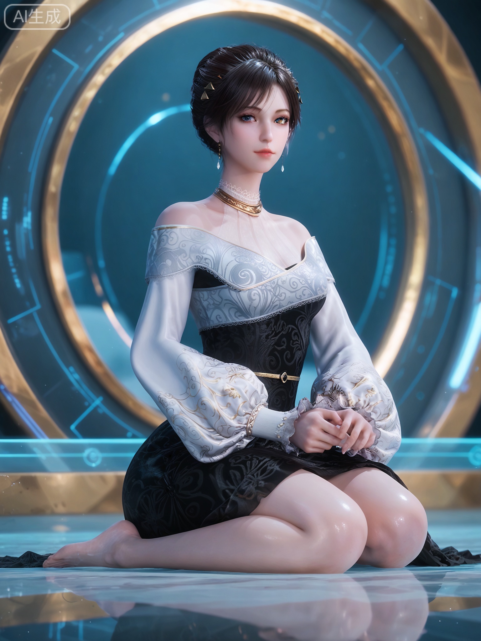 score_9,score_8_up,score_7_up,1girl,solo.looking_at_viewer,realistic,photorealistic,1girl,solo,Vivid Colors,bright environment,shiny skin,shiny hairjewelry,detail eyes,Eyes highlights,extreme detail description,(full body:0.8),light,glowing,sunshine,bright,reflection,bright,sunshine on face,shiny,shinny,petite,thin,leg slimming,lose weight,slim hips,lakeside,delicate water,reflection,sitting_down,eyelashes,black-hair,black dress,white dress,